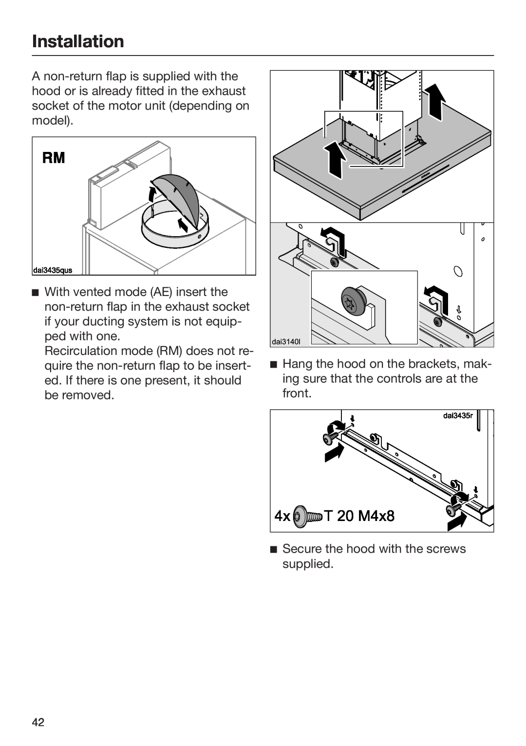 Miele M.-Nr. 09 805 980 installation instructions Installation, Secure the hood with the screws supplied 