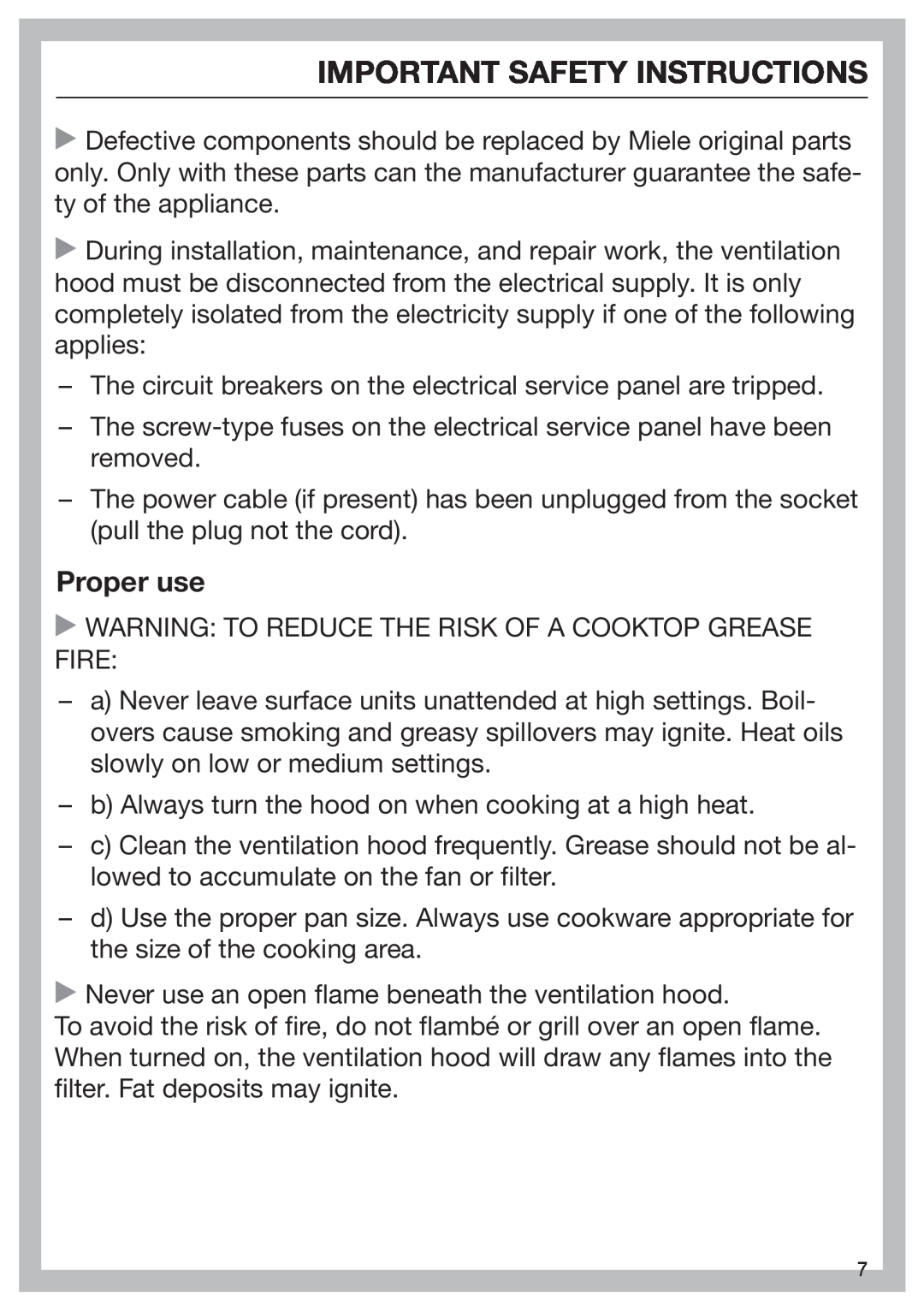 Miele M.-Nr. 09 805 980 installation instructions Proper use, Important Safety Instructions 
