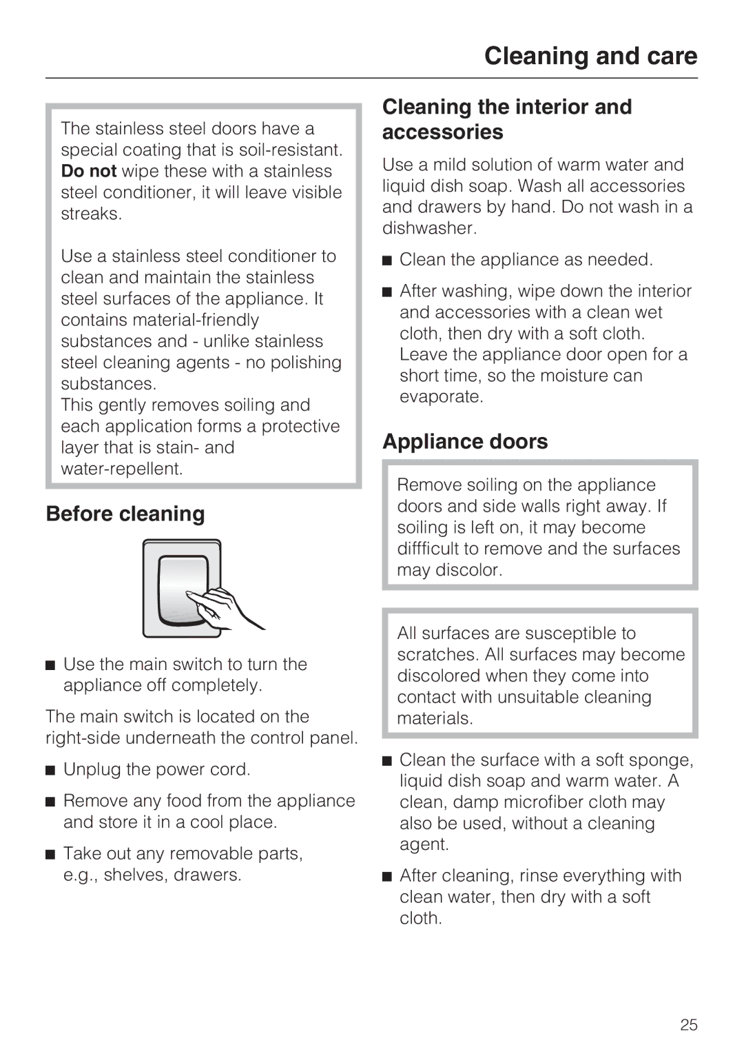 Miele M.-Nr. 09 920 730 installation instructions Before cleaning Cleaning the interior and accessories, Appliance doors 