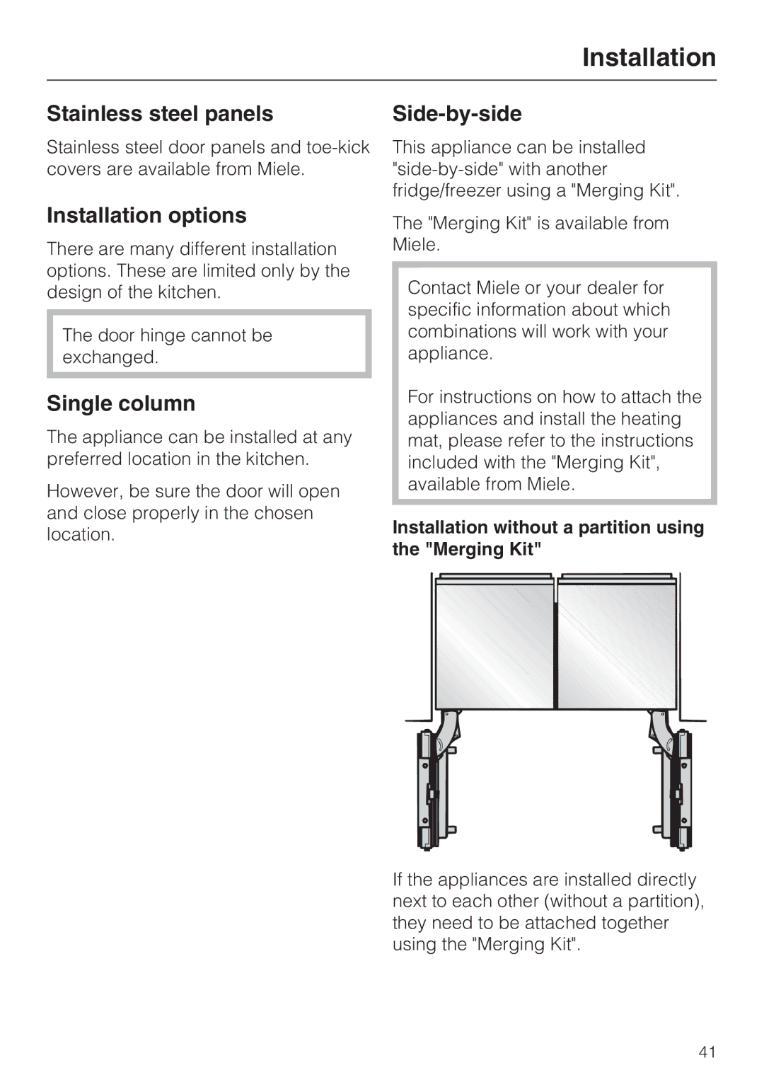 Miele M.-Nr. 09 920 730 installation instructions Stainless steel panels, Installation options, Single column, Side-by-side 