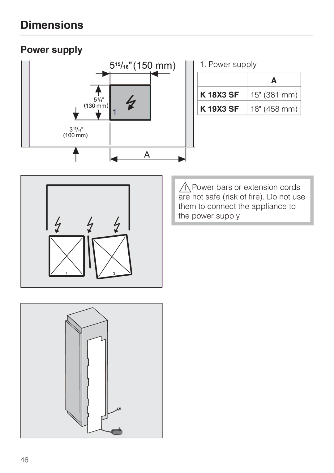 Miele M.-Nr. 09 920 730 installation instructions Power supply, 18X3 SF 15 381 mm 19X3 SF 18 458 mm 