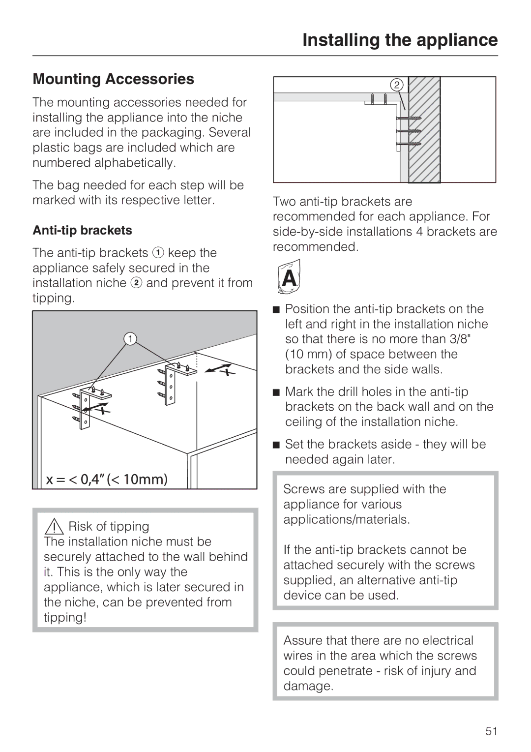 Miele M.-Nr. 09 920 730 installation instructions Mounting Accessories, Anti-tip brackets 