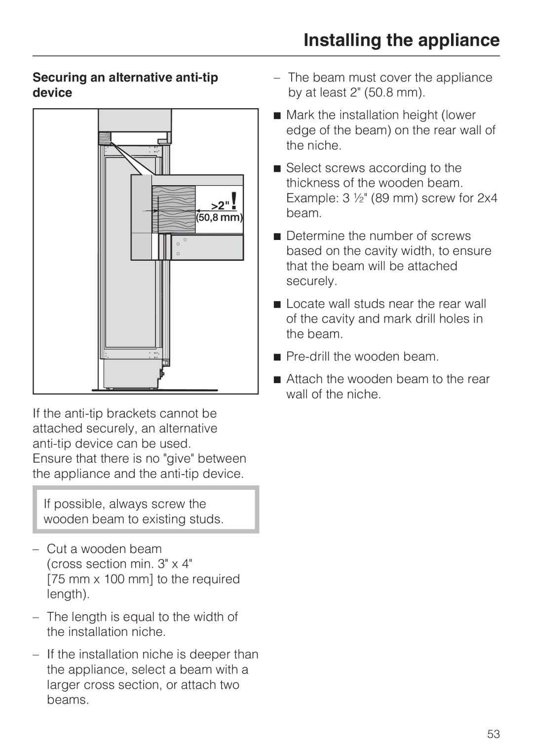 Miele M.-Nr. 09 920 730 installation instructions Securing an alternative anti-tip device 