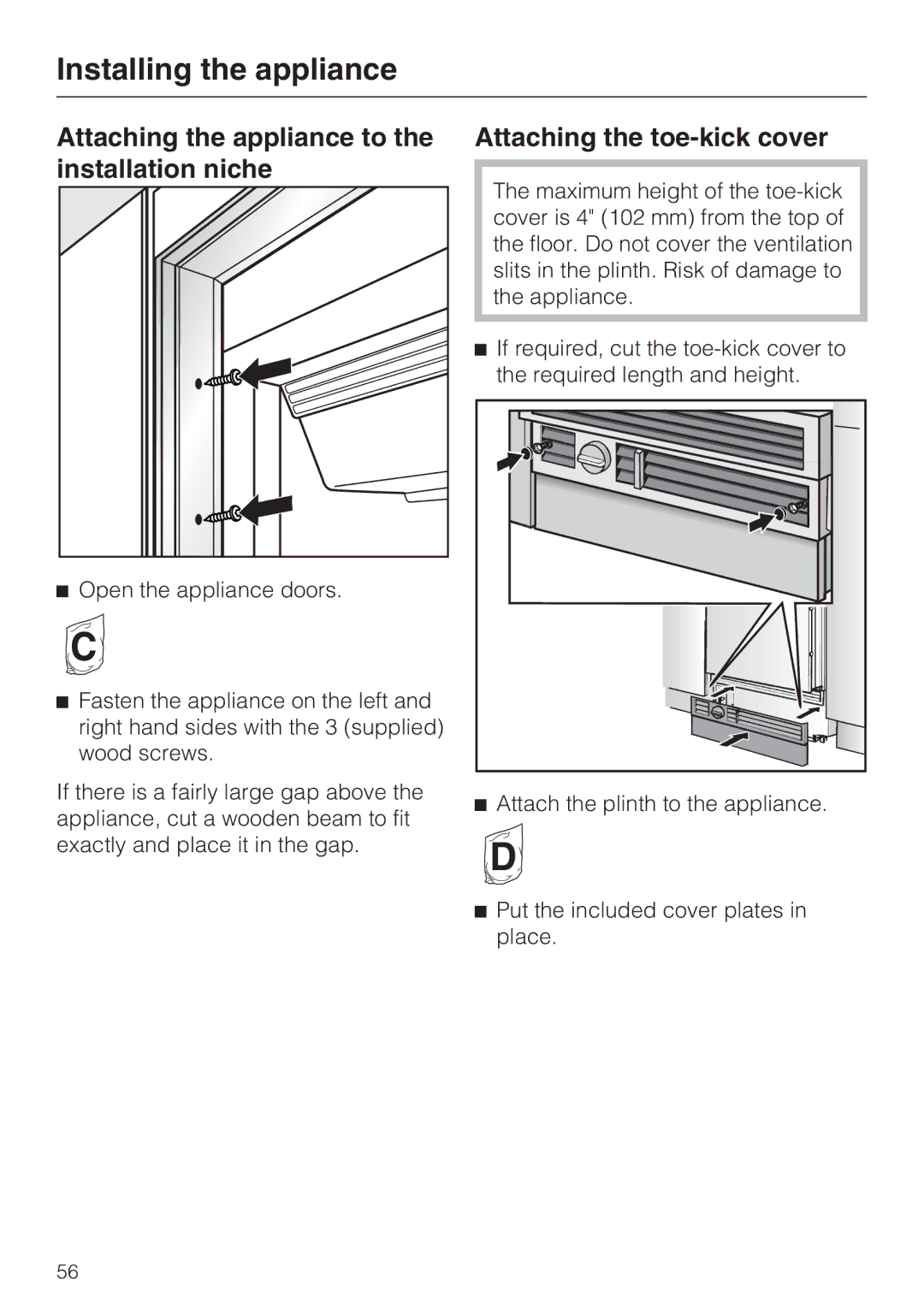 Miele M.-Nr. 09 920 730 Attaching the appliance to the installation niche, Attaching the toe-kick cover 