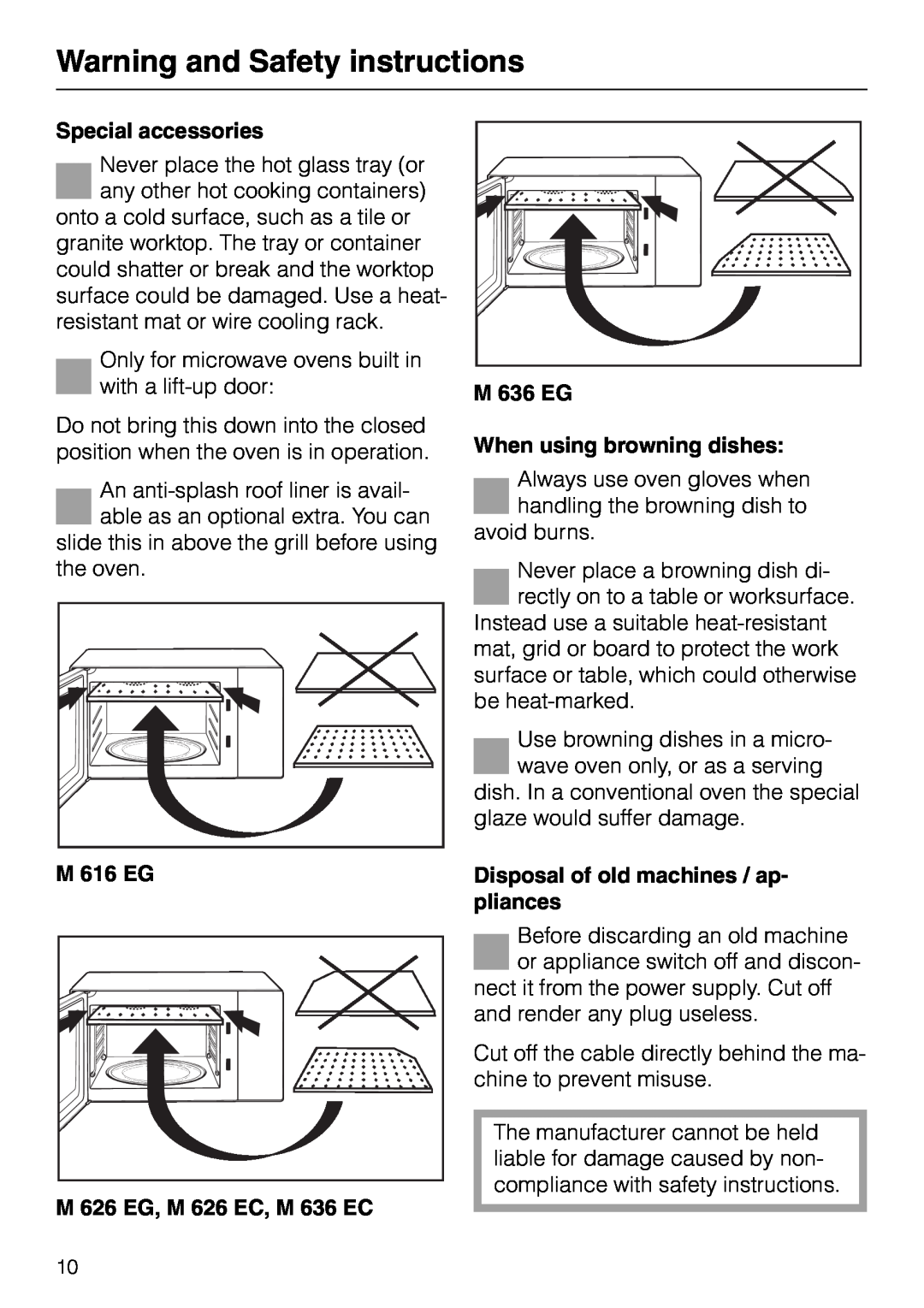 Miele M636EC manual Special accessories, M 616 EG, M 626 EG, M 626 EC, M 636 EC, M 636 EG, When using browning dishes 