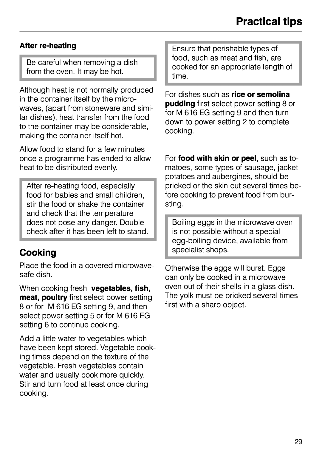 Miele M 626 EG, M636EC, M 616 EG, M 626 EC, M 636 EG manual Cooking, After re-heating, Practical tips 