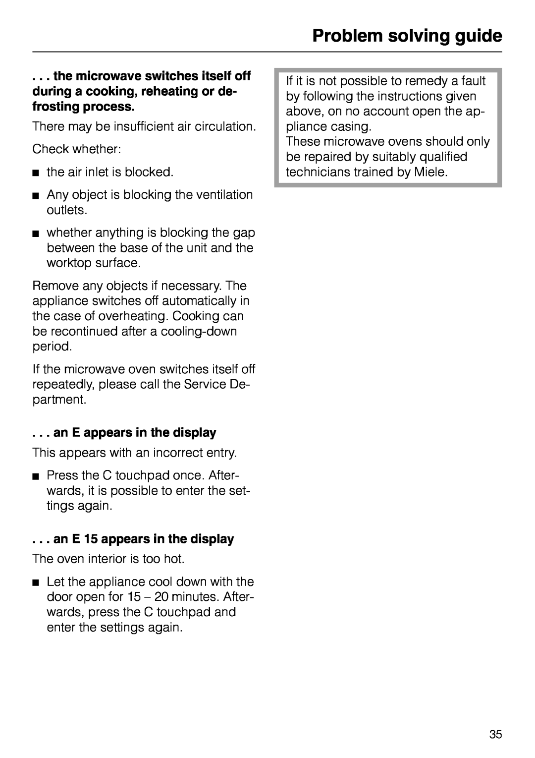 Miele M 636 EG, M636EC, M 616 EG manual an E appears in the display, an E 15 appears in the display, Problem solving guide 