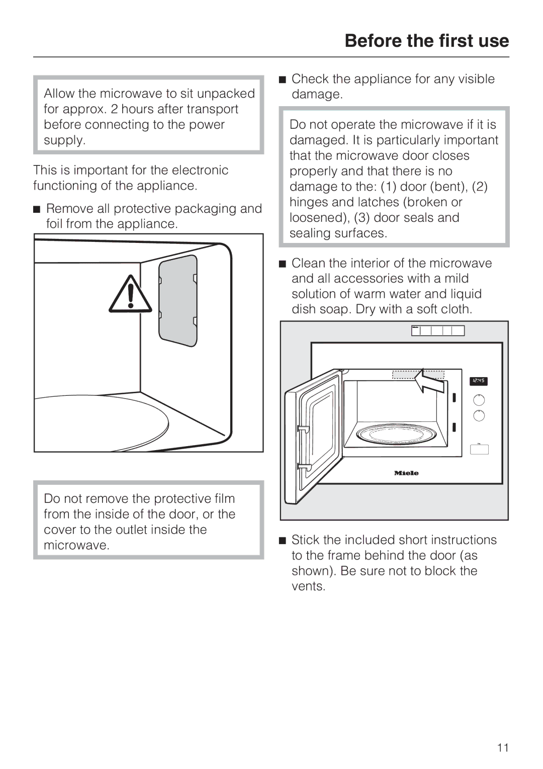 Miele M8260-1 installation instructions Before the first use 