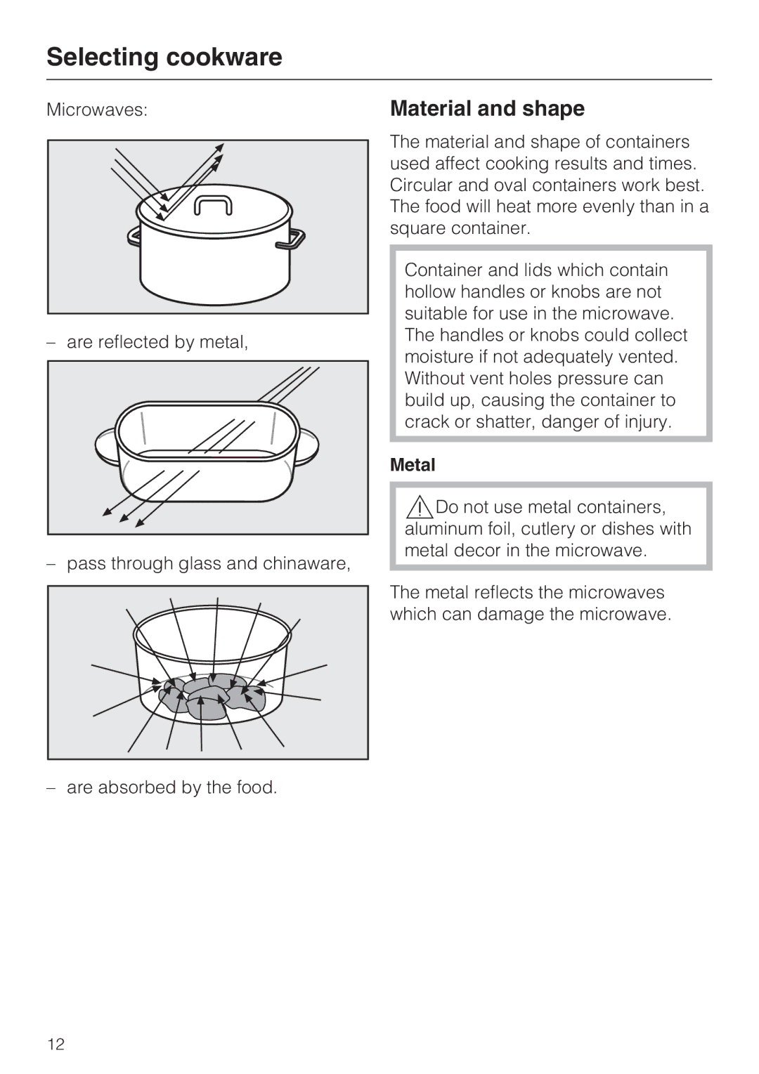 Miele M8260-1 installation instructions Selecting cookware, Material and shape, Metal 