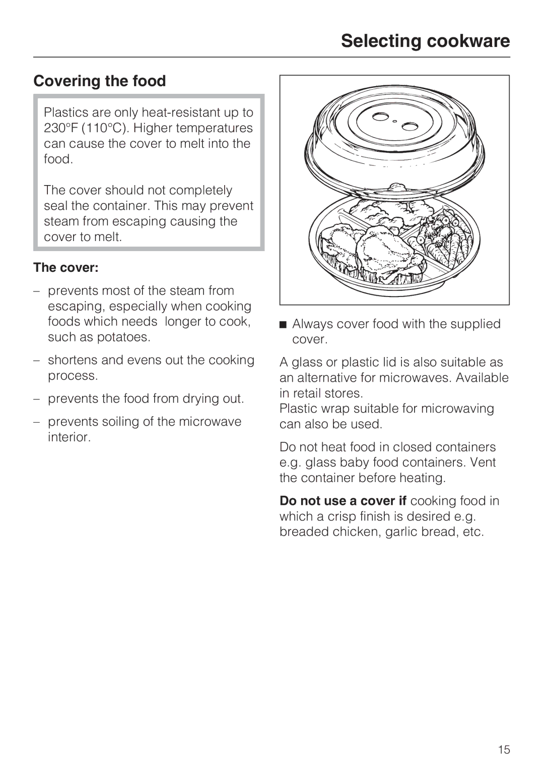 Miele M8260-1 installation instructions Covering the food 