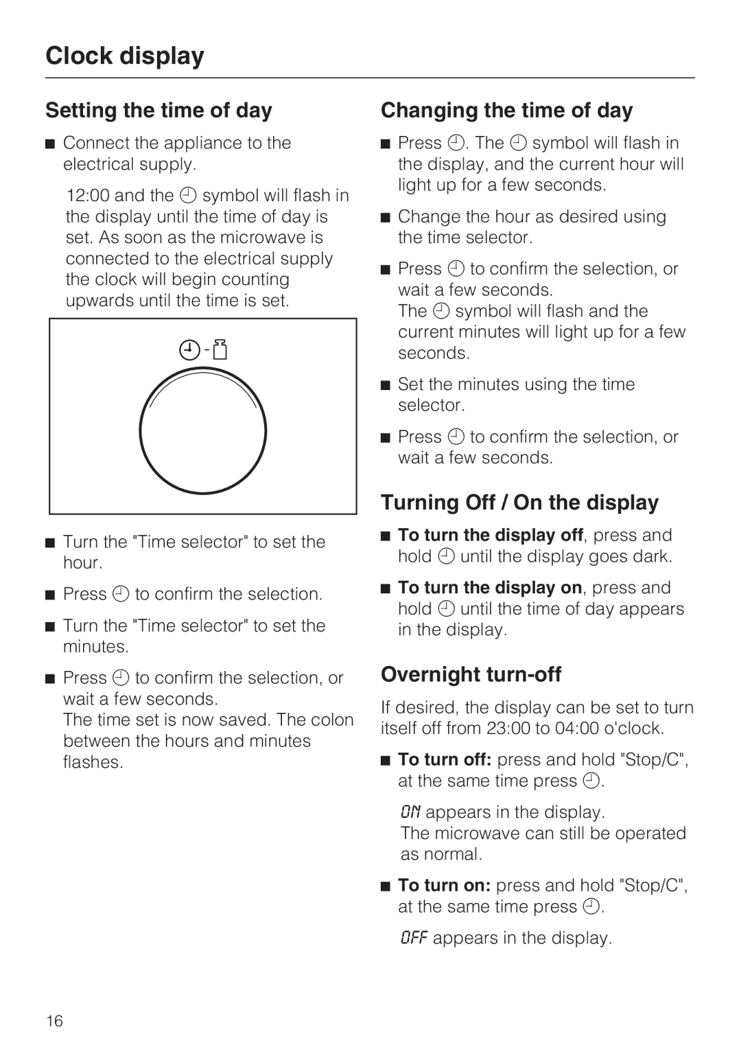 Miele M8260-1 Clock display, Setting the time of day, Changing the time of day, Turning Off / On the display 