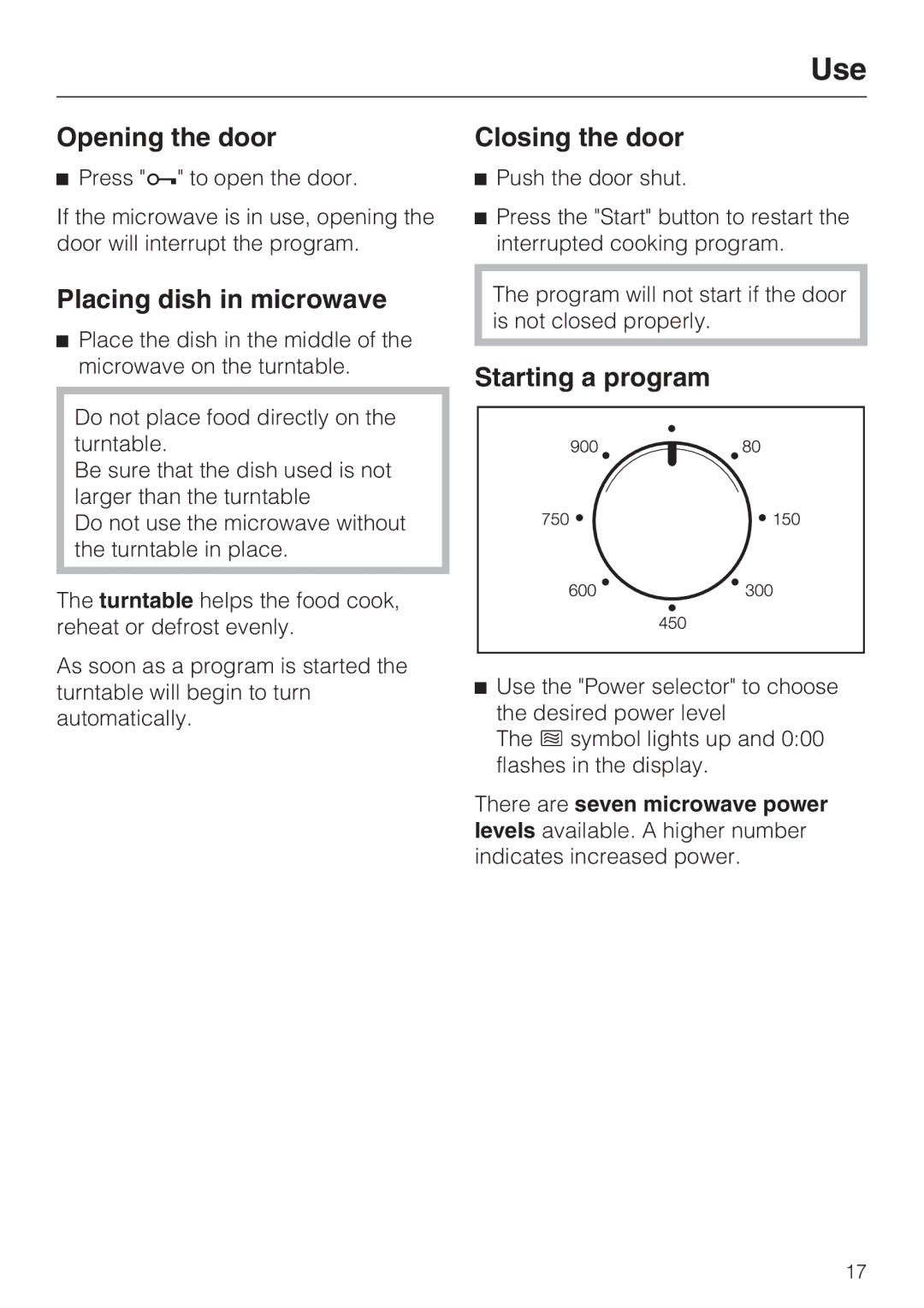 Miele M8260-1 Use, Opening the door, Placing dish in microwave, Closing the door, Starting a program 