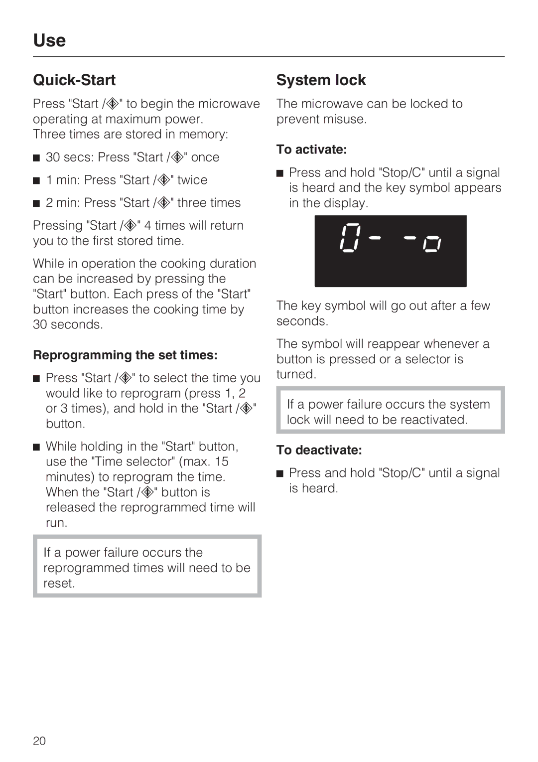 Miele M8260-1 installation instructions Quick-Start, System lock, Reprogramming the set times, To activate, To deactivate 