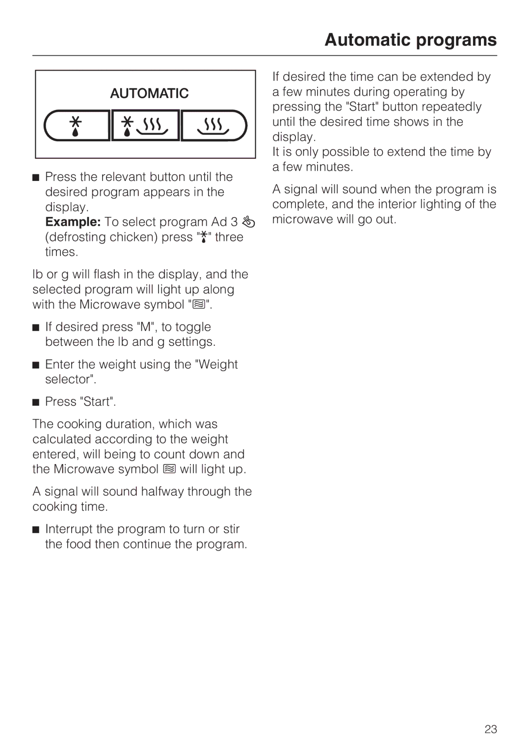 Miele M8260-1 installation instructions Automatic programs 