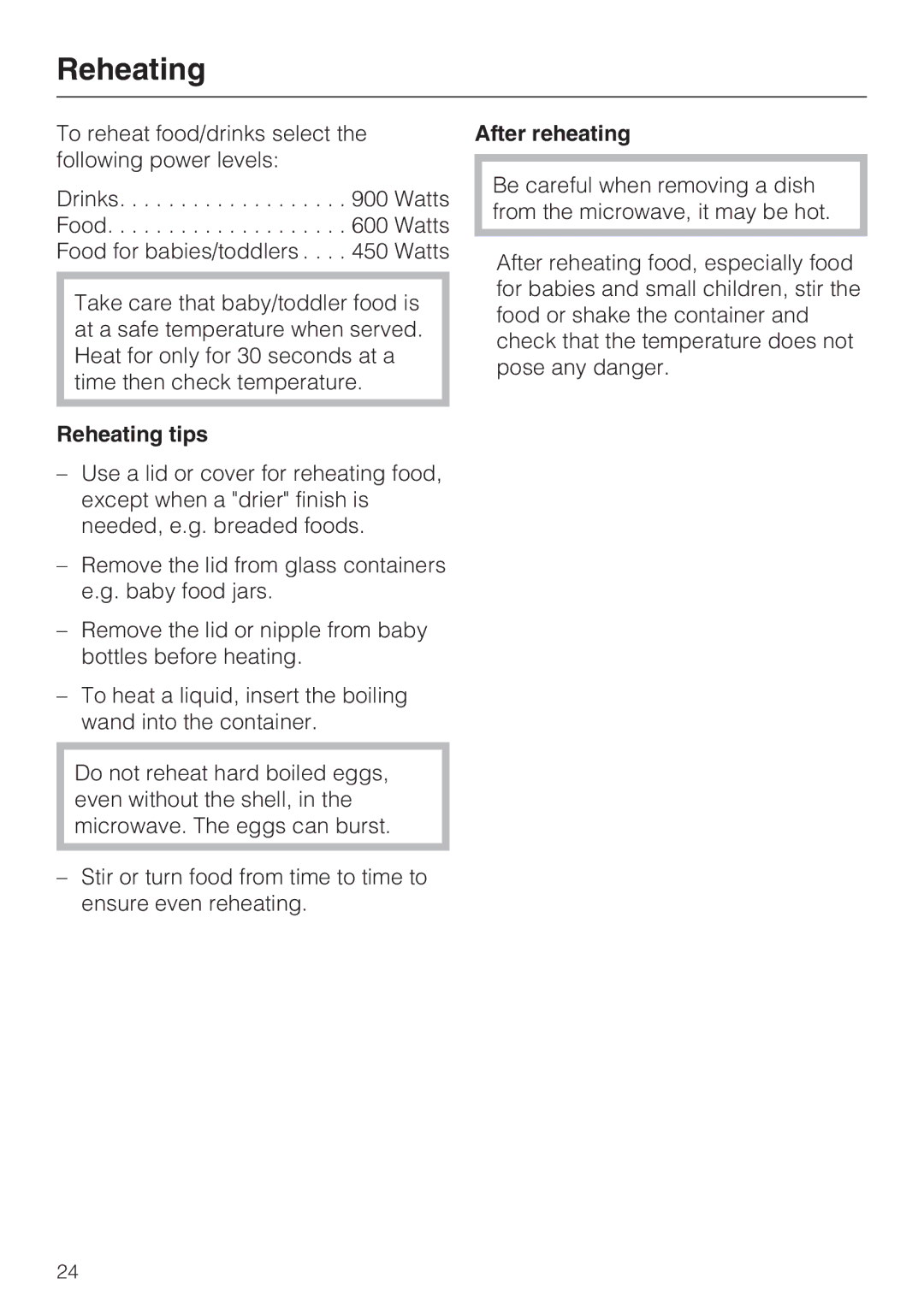 Miele M8260-1 installation instructions Reheating tips, After reheating 