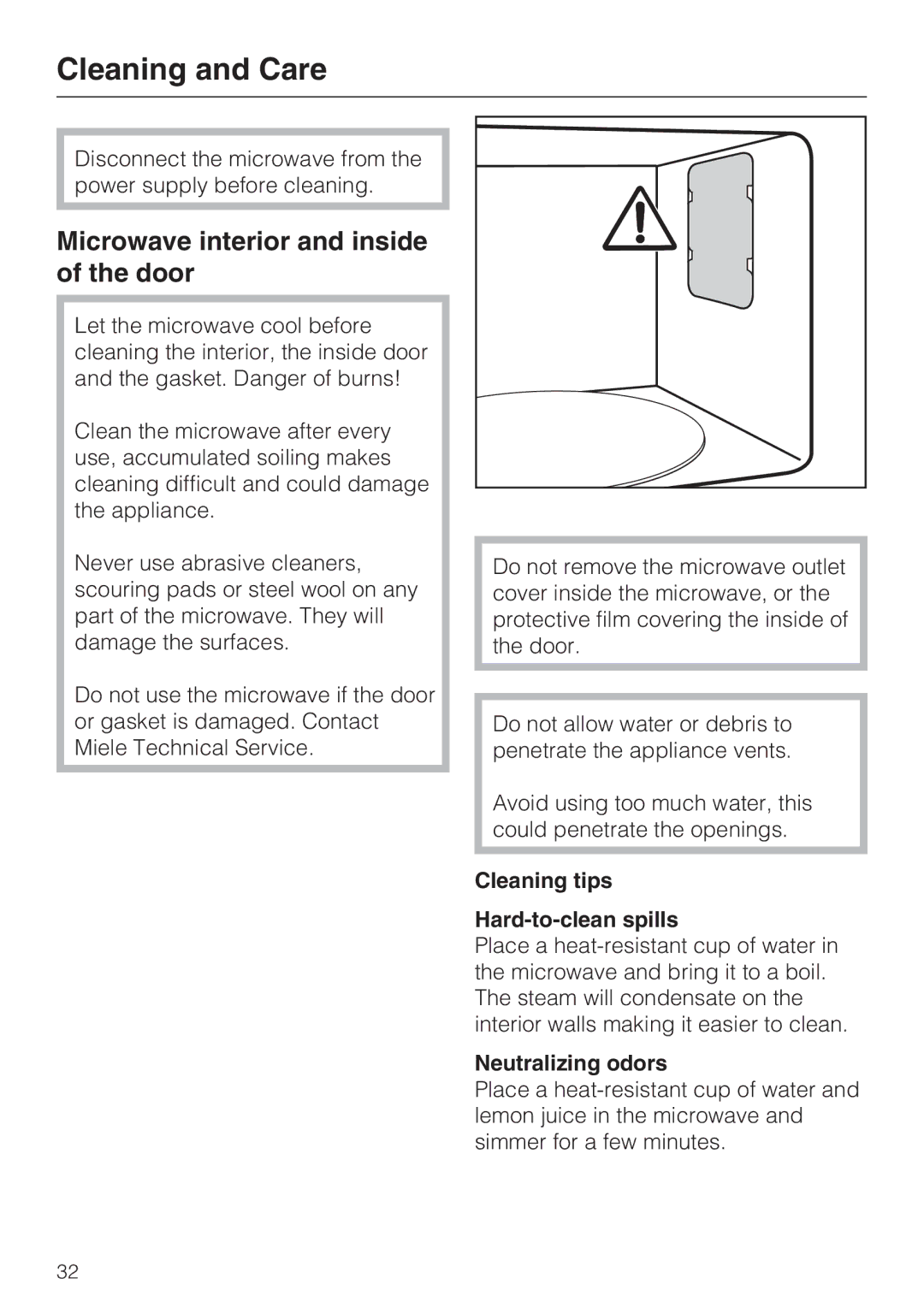 Miele M8260-1 Cleaning and Care, Microwave interior and inside of the door, Cleaning tips Hard-to-clean spills 