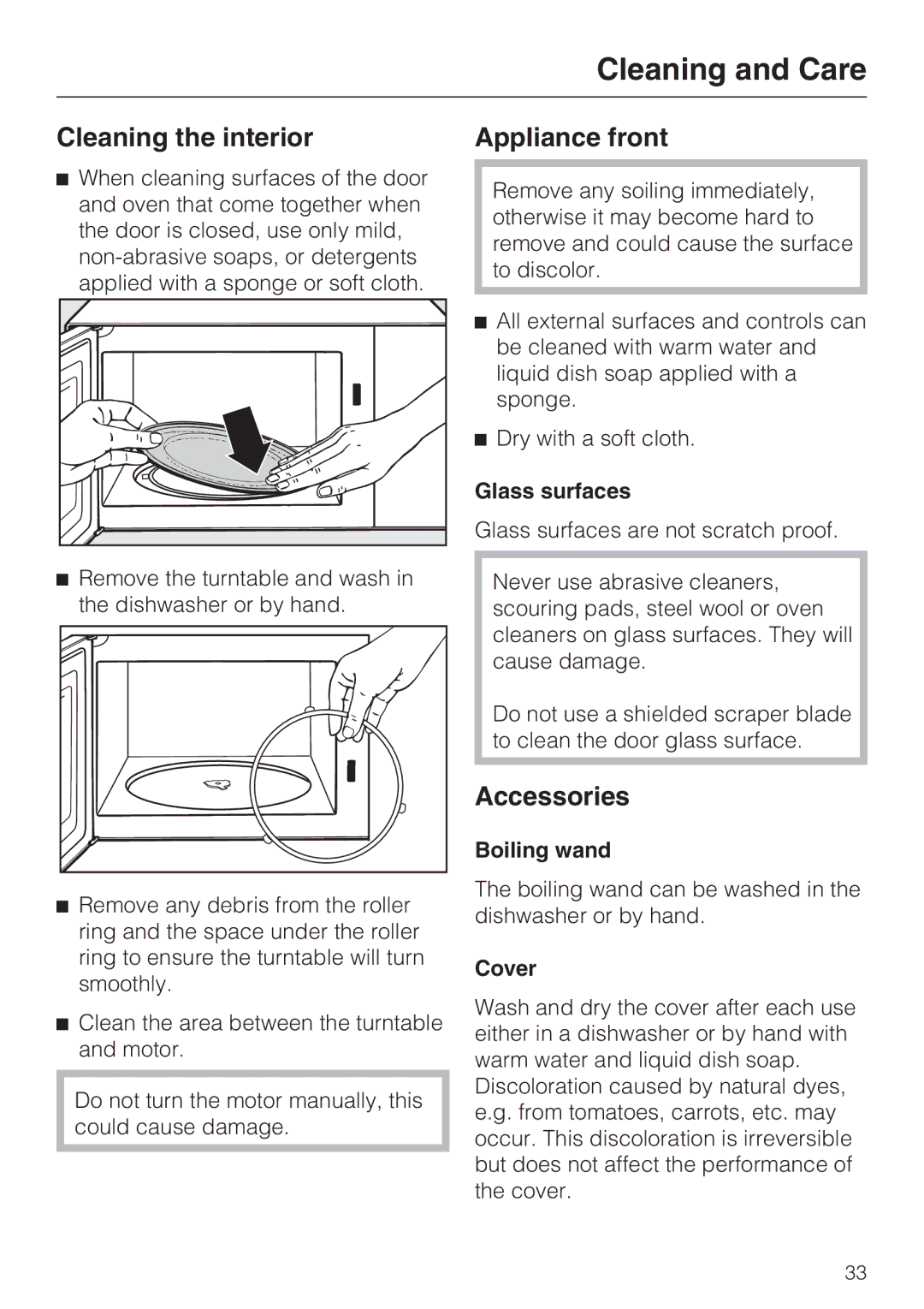 Miele M8260-1 installation instructions Cleaning the interior Appliance front, Accessories, Glass surfaces 