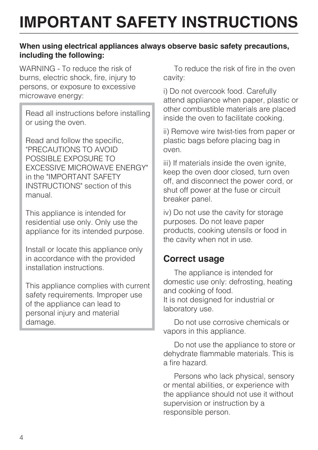 Miele M8260-1 installation instructions Important Safety Instructions, Correct usage 