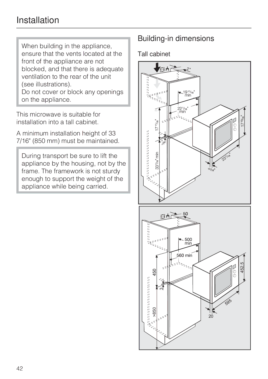 Miele M8260-1 installation instructions Installation, Building-in dimensions, Tall cabinet 