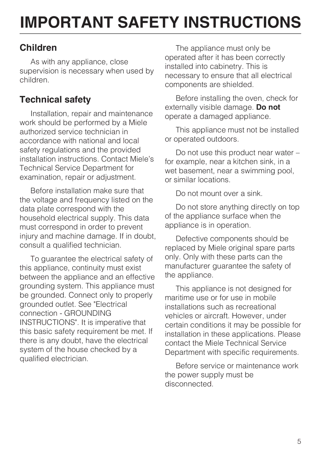 Miele M8260-1 installation instructions Children, Technical safety 