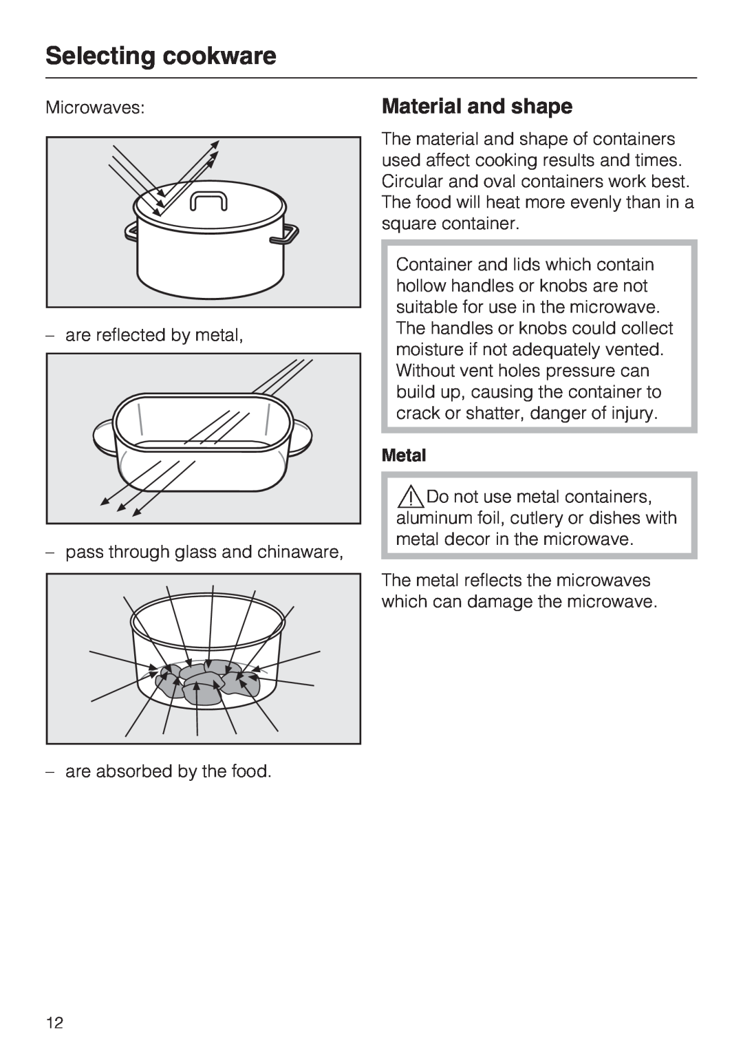 Miele M8260-1 installation instructions Selecting cookware, Material and shape, Metal 