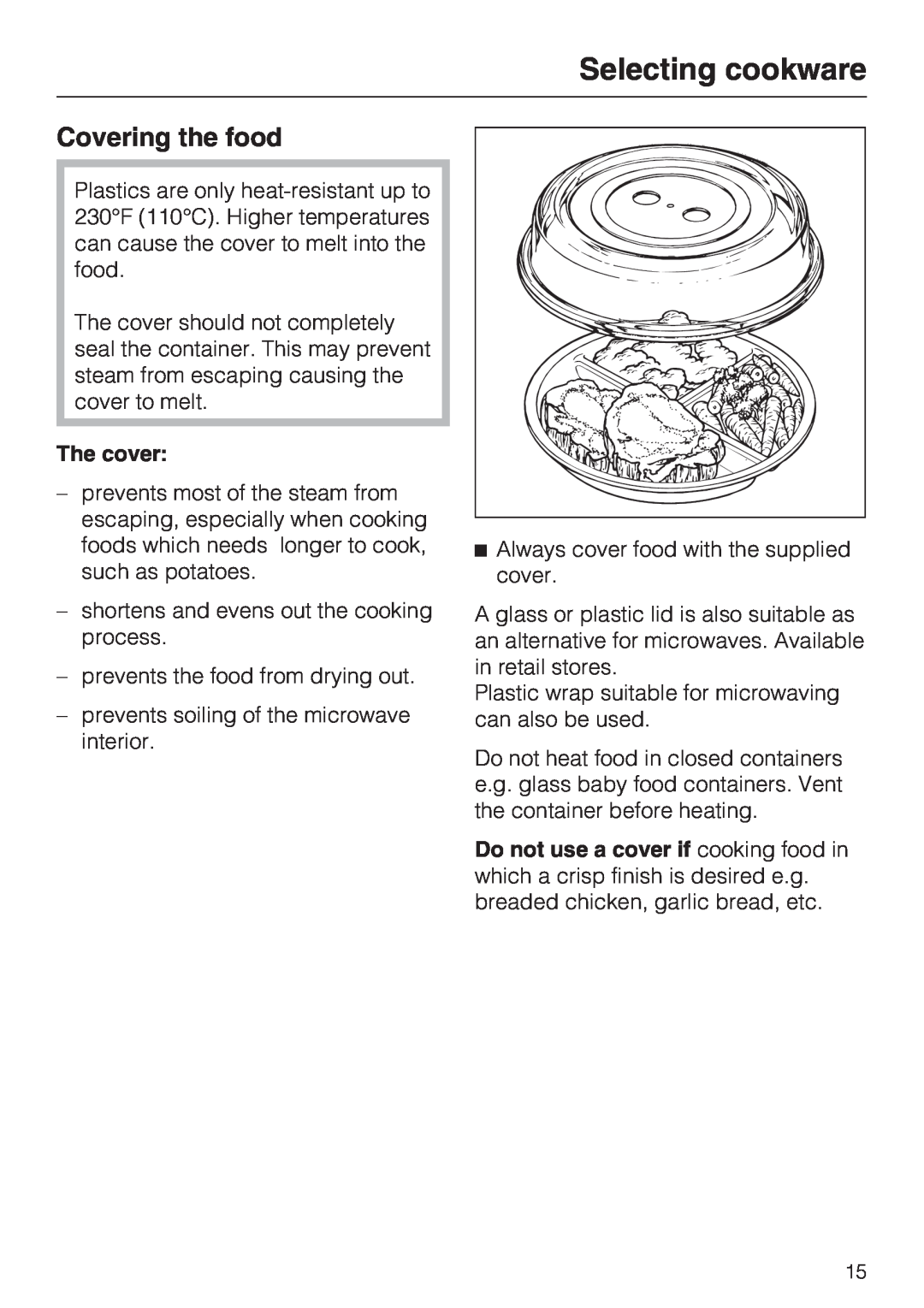 Miele M8260-1 installation instructions Covering the food, The cover, Selecting cookware 