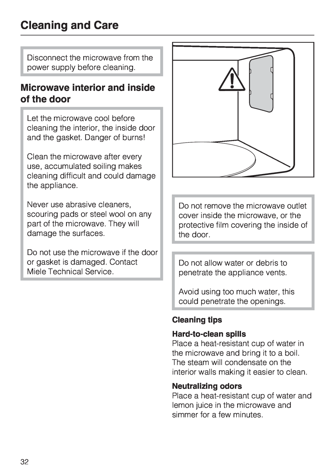 Miele M8260-1 Cleaning and Care, Microwave interior and inside of the door, Cleaning tips Hard-to-clean spills 