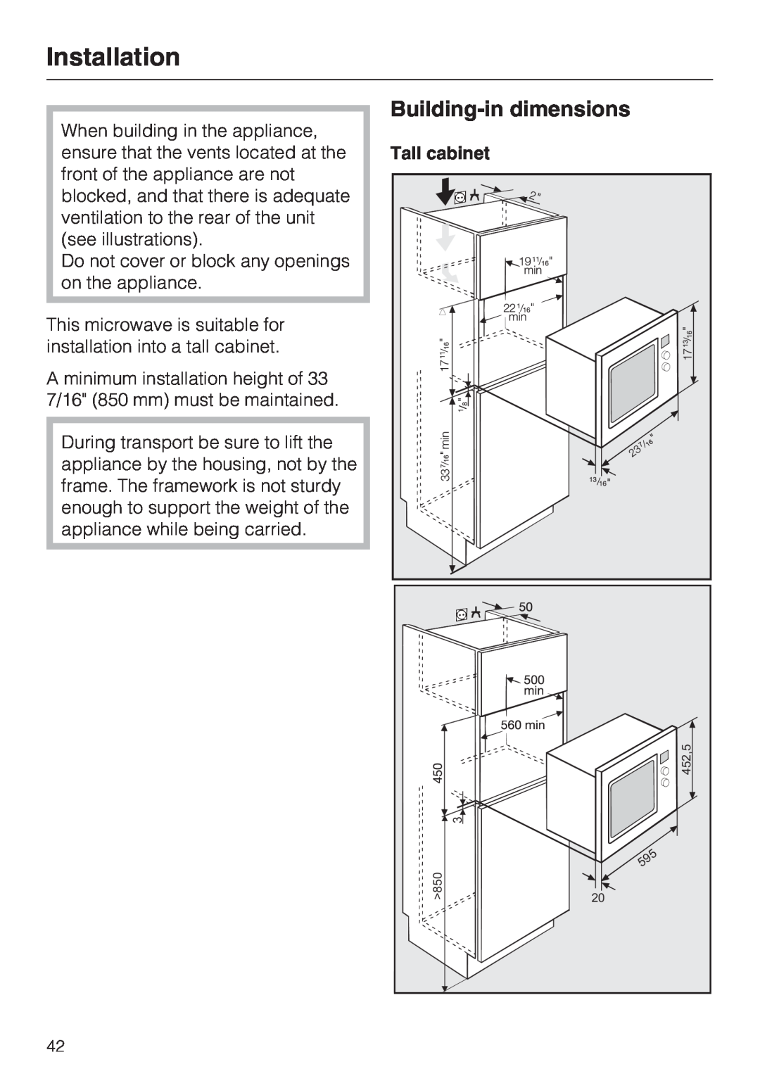 Miele M8260-1 installation instructions Installation, Building-in dimensions, Tall cabinet 