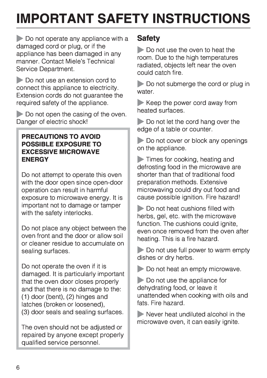 Miele M8260-1 Precautions To Avoid Possible Exposure To Excessive Microwave Energy, Important Safety Instructions 
