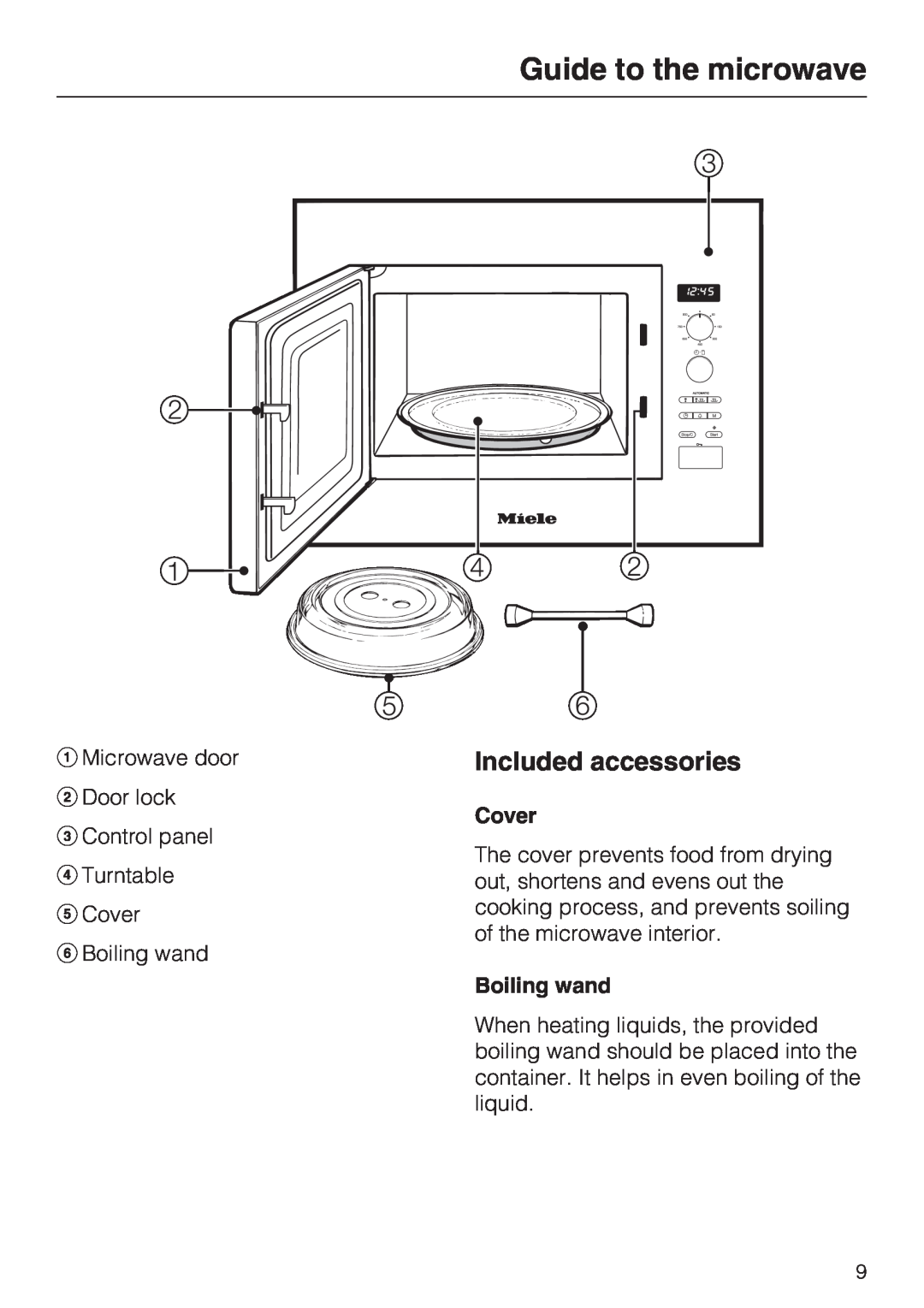 Miele M8260-1 installation instructions Guide to the microwave, Included accessories, Cover, Boiling wand 