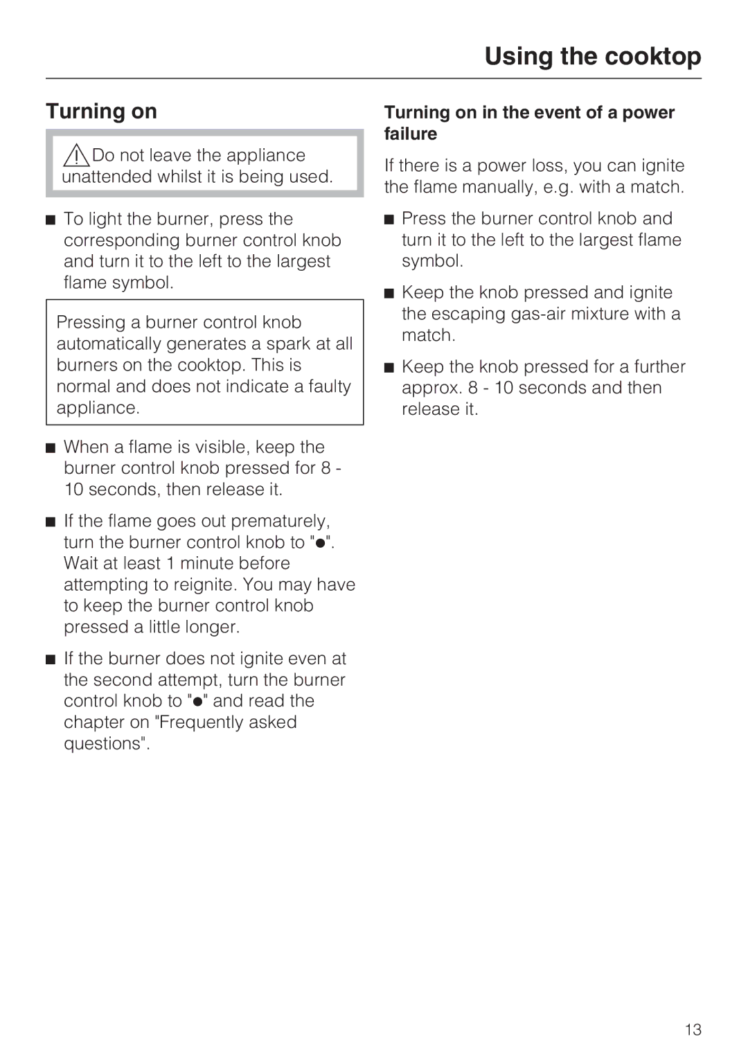 Miele 09 596 090, Miele Gas Cooktop installation instructions Turning on in the event of a power failure 