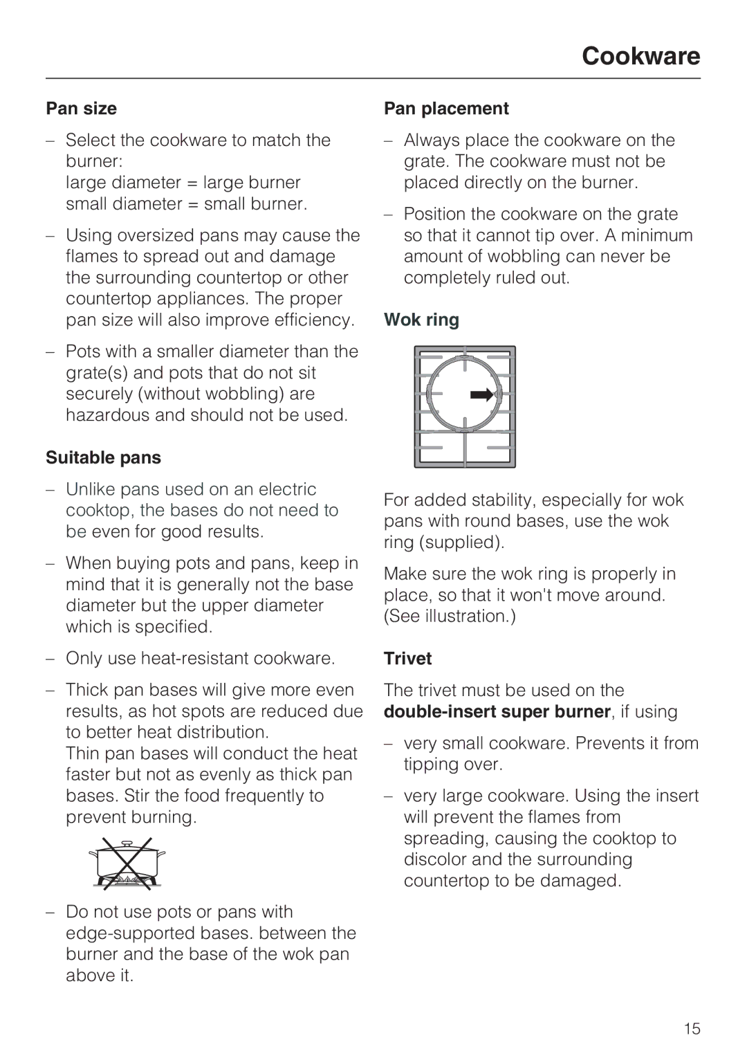 Miele 09 596 090, Miele Gas Cooktop installation instructions Cookware, Pan size, Suitable pans, Pan placement 