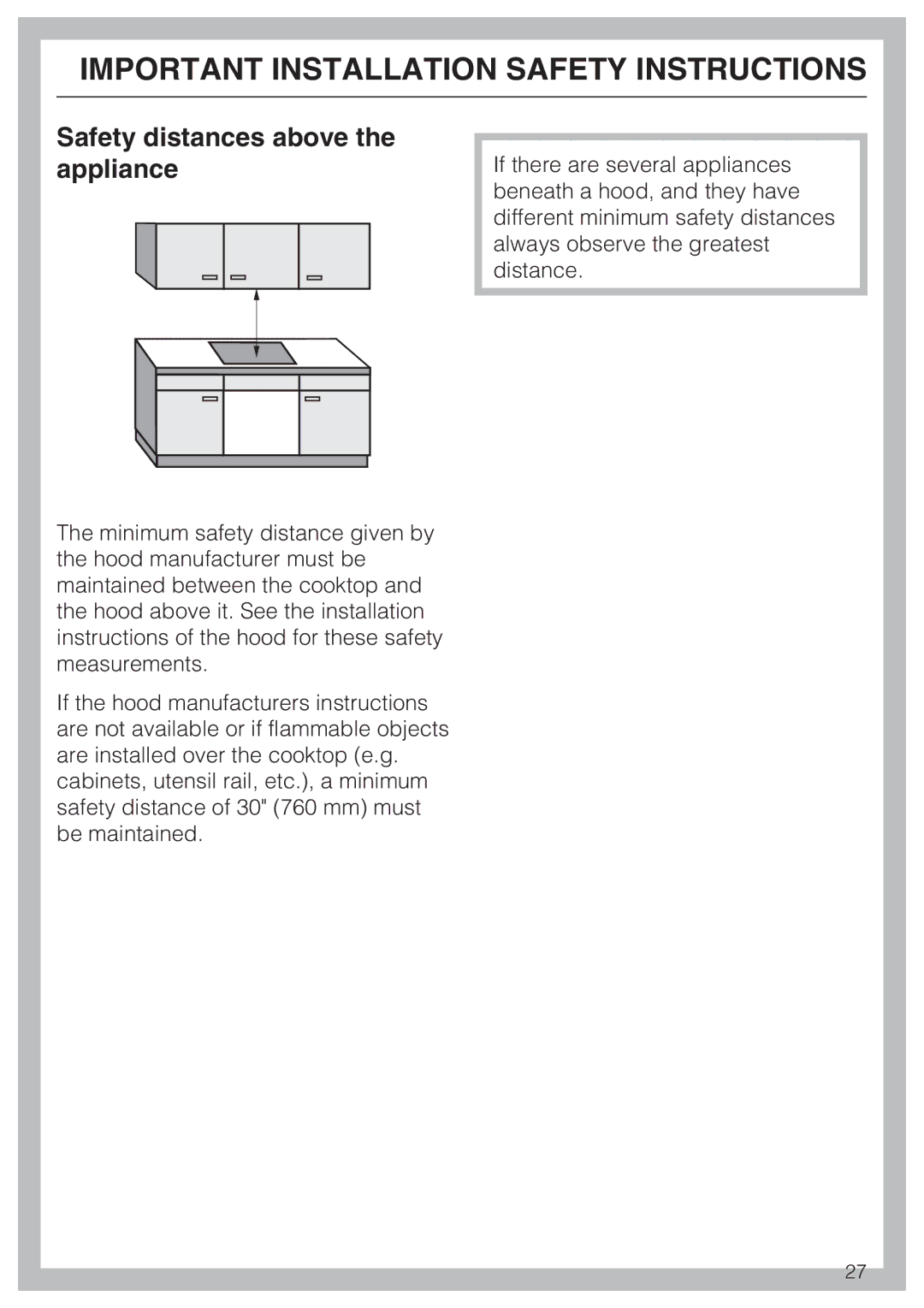 Miele 09 596 090, Miele Gas Cooktop installation instructions Safety distances above the appliance 