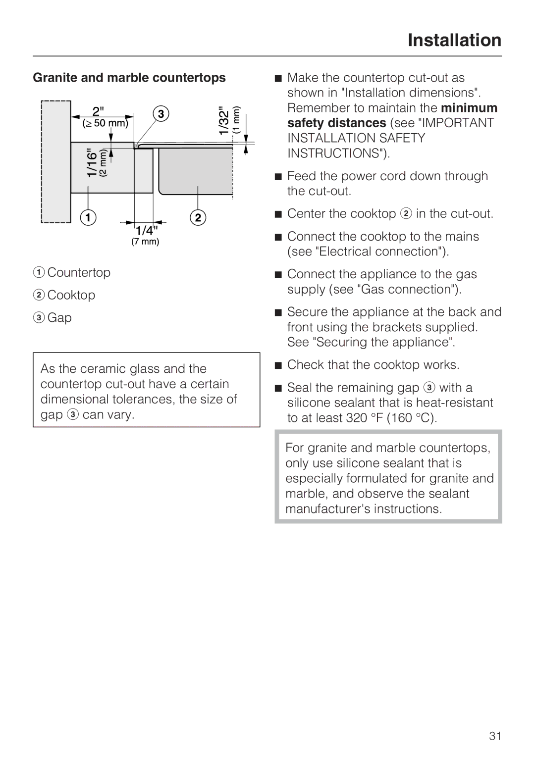 Miele 09 596 090, Miele Gas Cooktop installation instructions Granite and marble countertops 