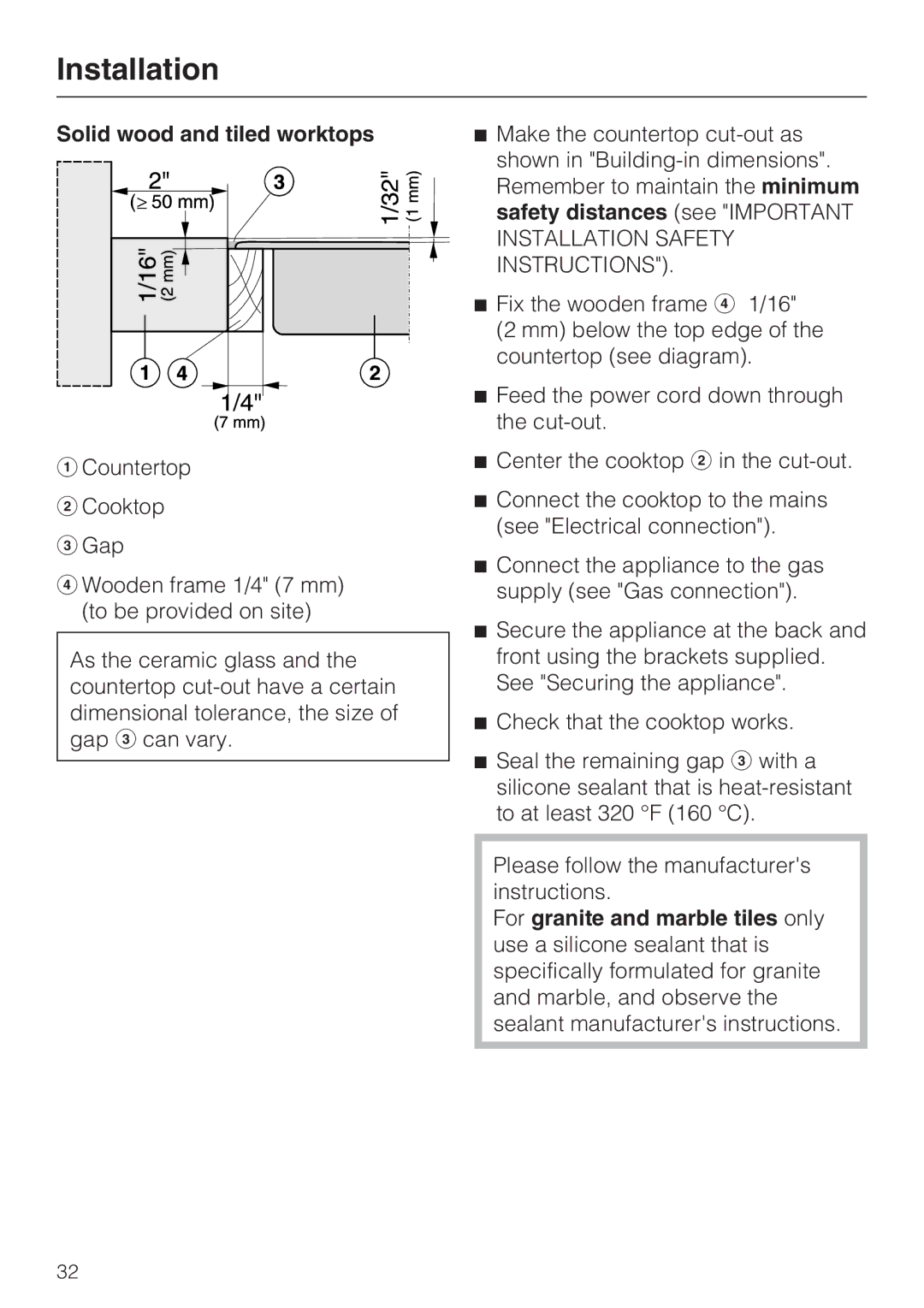 Miele Miele Gas Cooktop, 09 596 090 installation instructions Solid wood and tiled worktops 