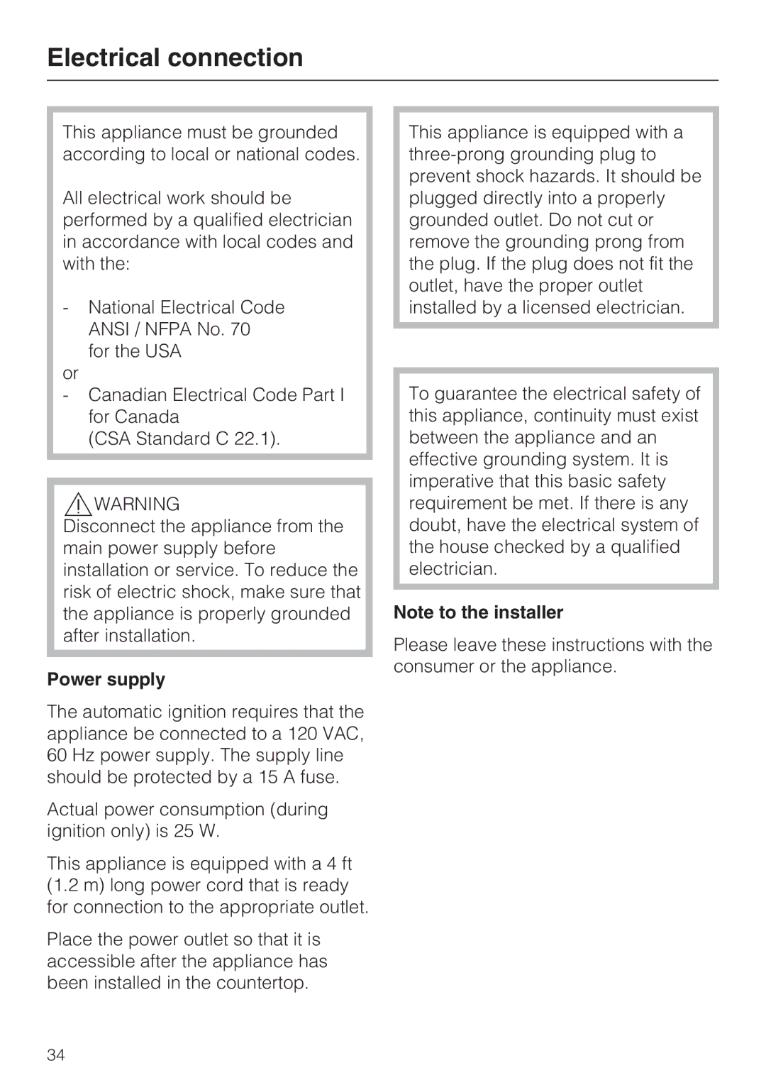 Miele Miele Gas Cooktop, 09 596 090 installation instructions Electrical connection, Power supply 