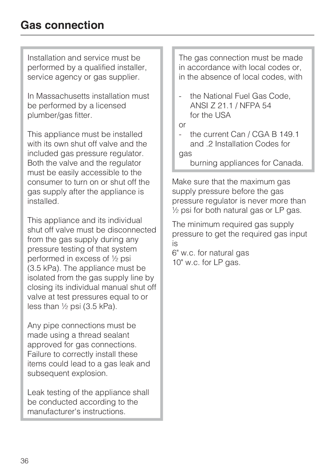 Miele Miele Gas Cooktop, 09 596 090 installation instructions Gas connection 