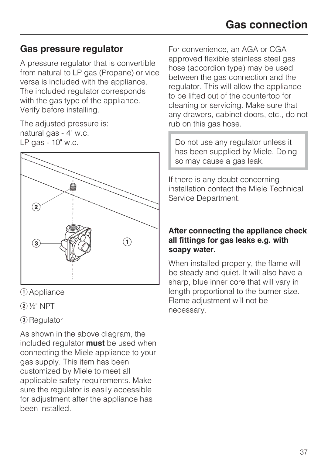 Miele 09 596 090, Miele Gas Cooktop installation instructions Gas pressure regulator 