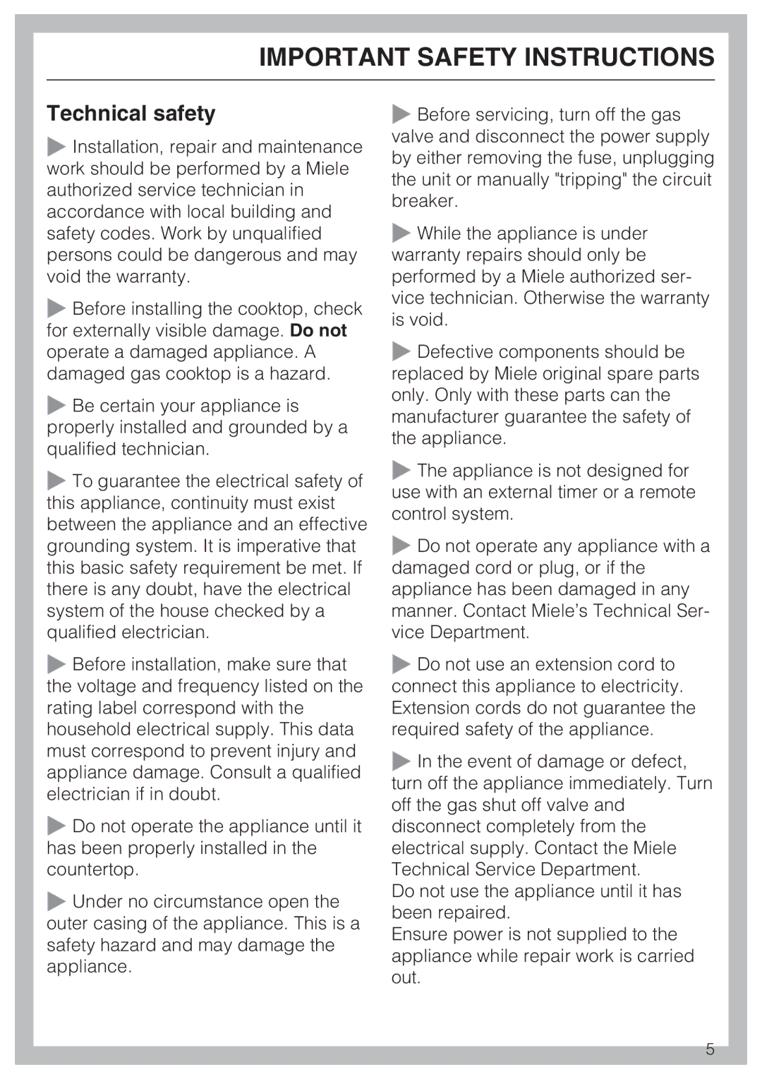 Miele 09 596 090, Miele Gas Cooktop installation instructions Technical safety 