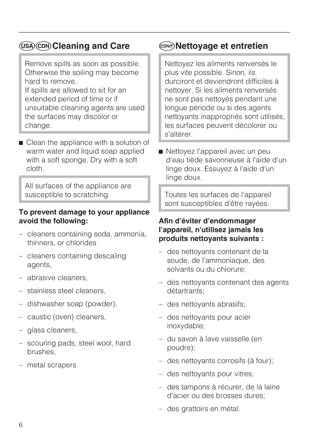 Miele MLT 4701, MLT 4601 Cleaning and Care Nettoyage et entretien, To prevent damage to your appliance avoid the following 