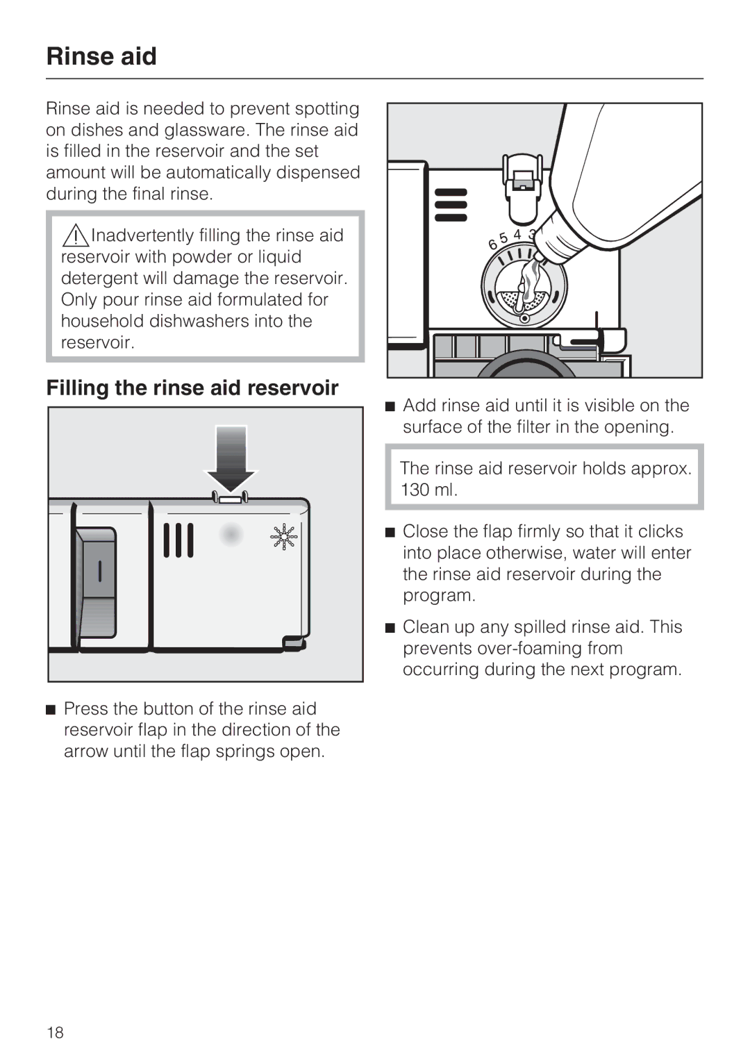 Miele PG 8050I manual Rinse aid, Filling the rinse aid reservoir 