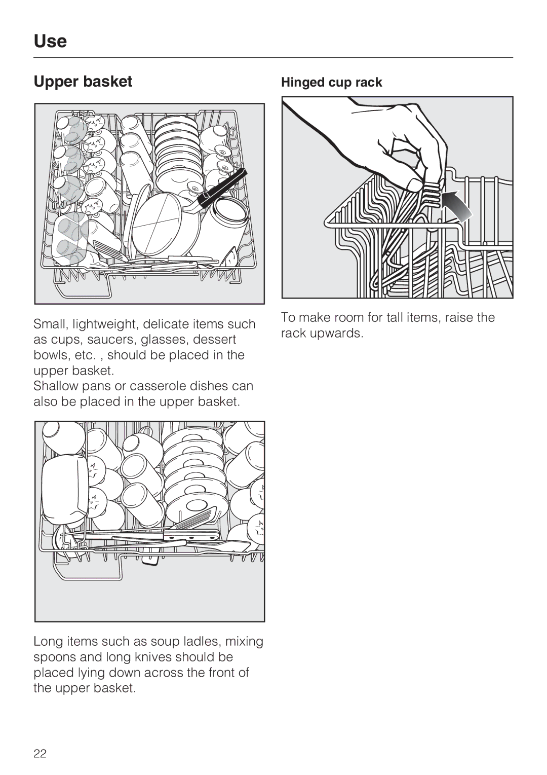 Miele PG 8050I manual Upper basket, Hinged cup rack 