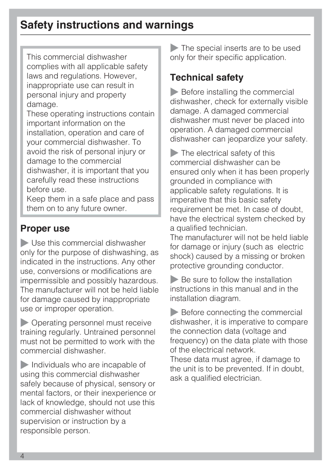 Miele PG 8050I manual Safety instructions and warnings, Proper use, Technical safety 