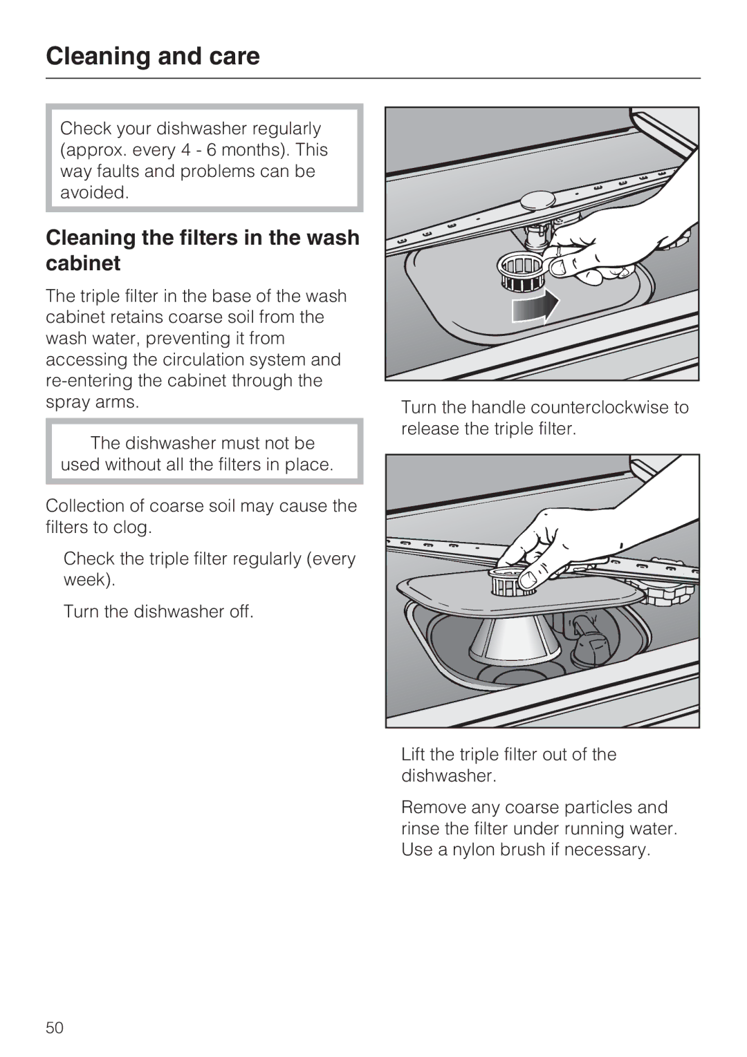 Miele PG 8050I manual Cleaning and care, Cleaning the filters in the wash cabinet 