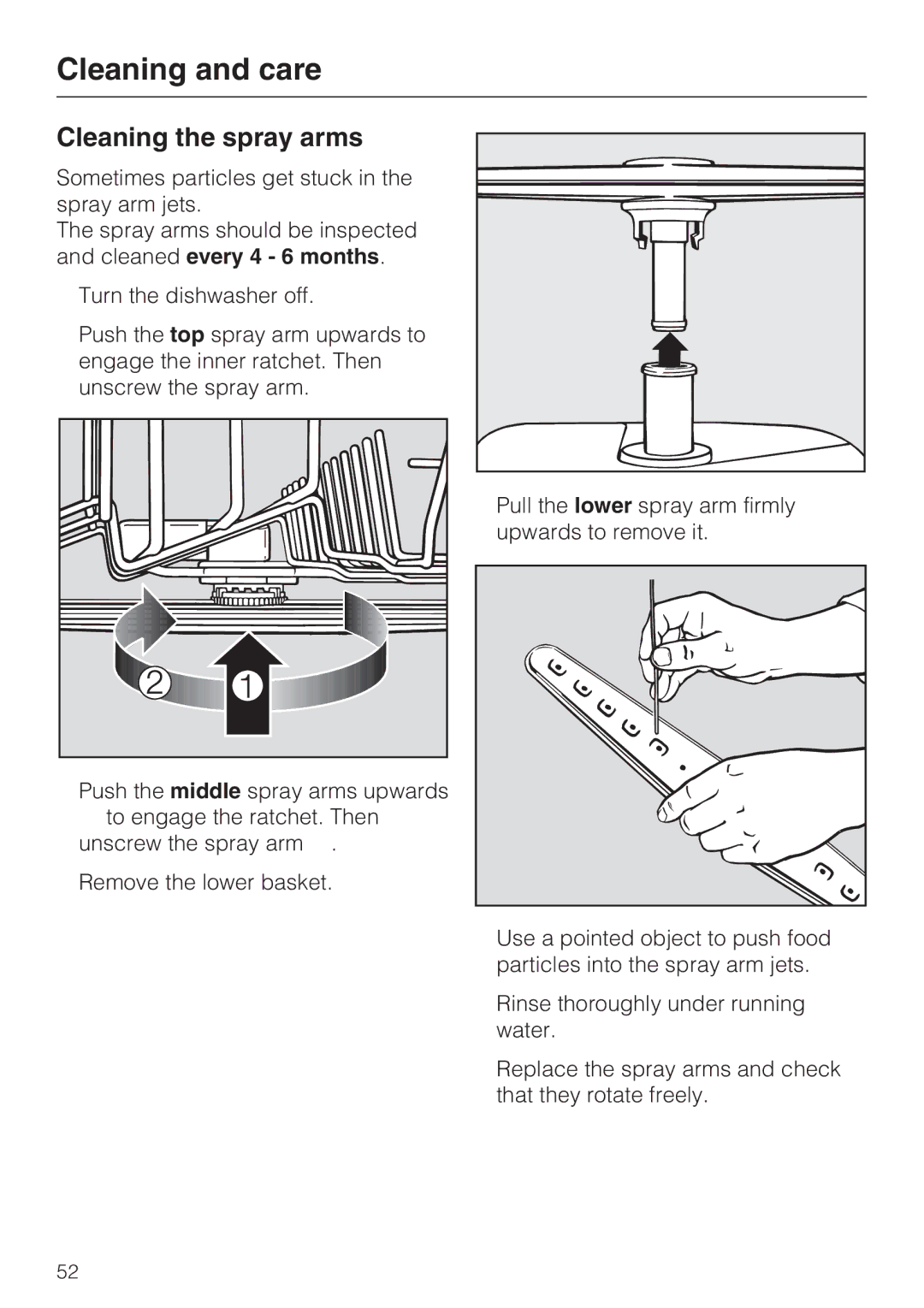 Miele PG 8050I manual Cleaning the spray arms 