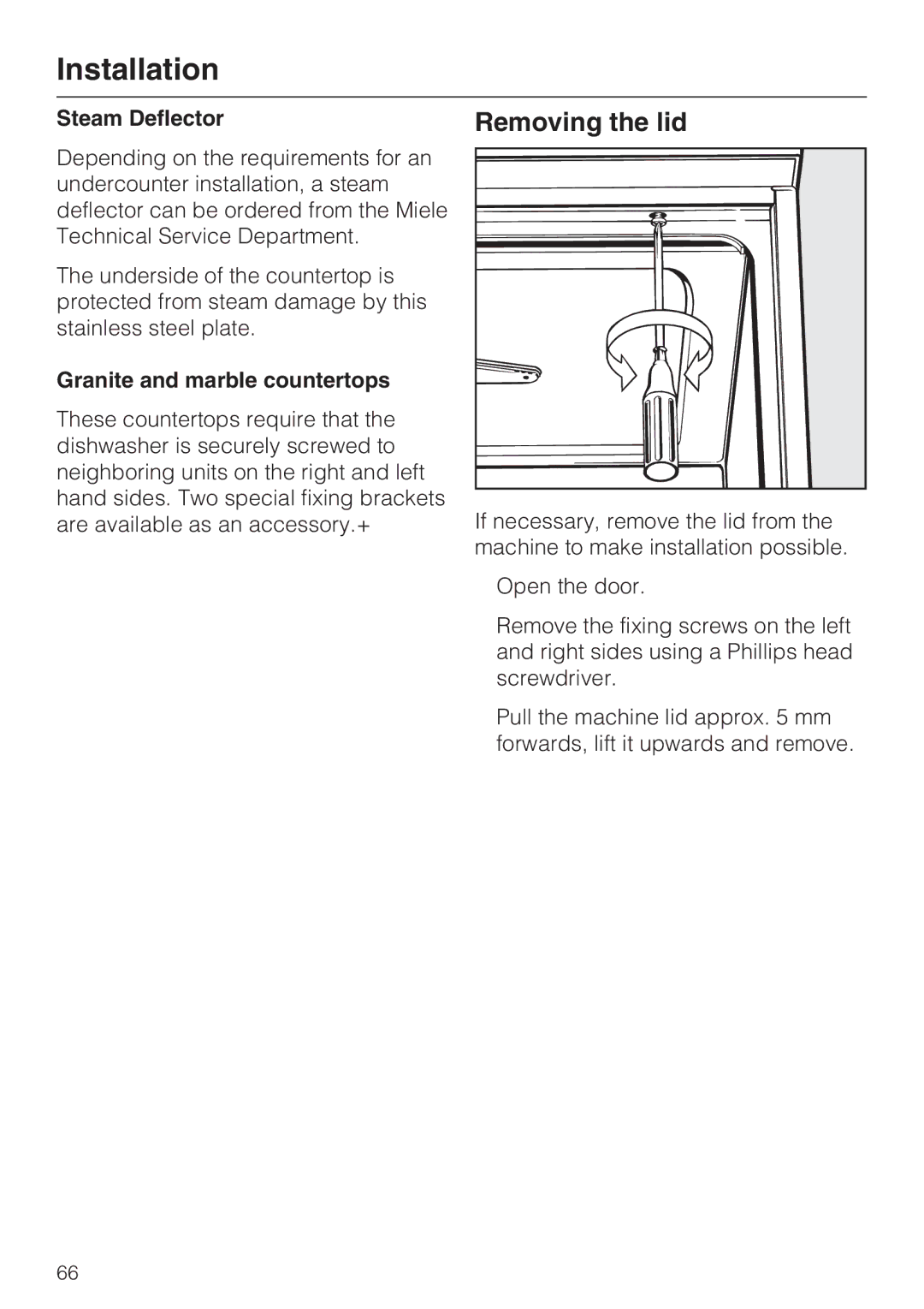 Miele PG 8050I manual Removing the lid, Steam Deflector, Granite and marble countertops 