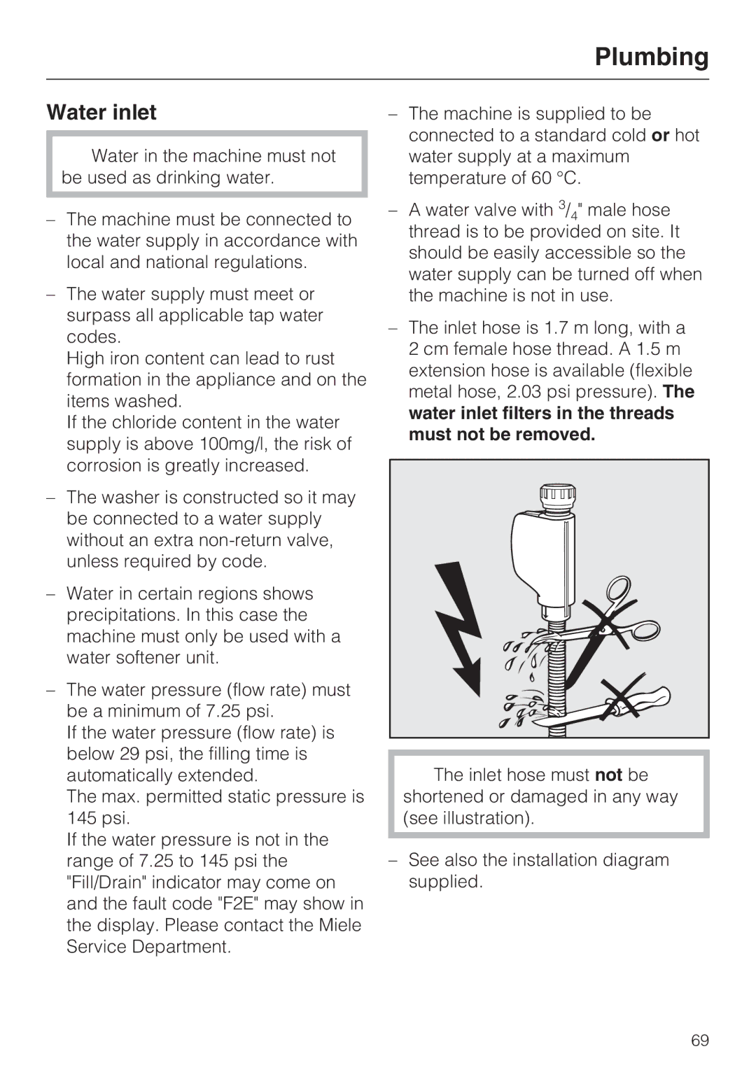 Miele PG 8050I manual Plumbing, Water inlet 