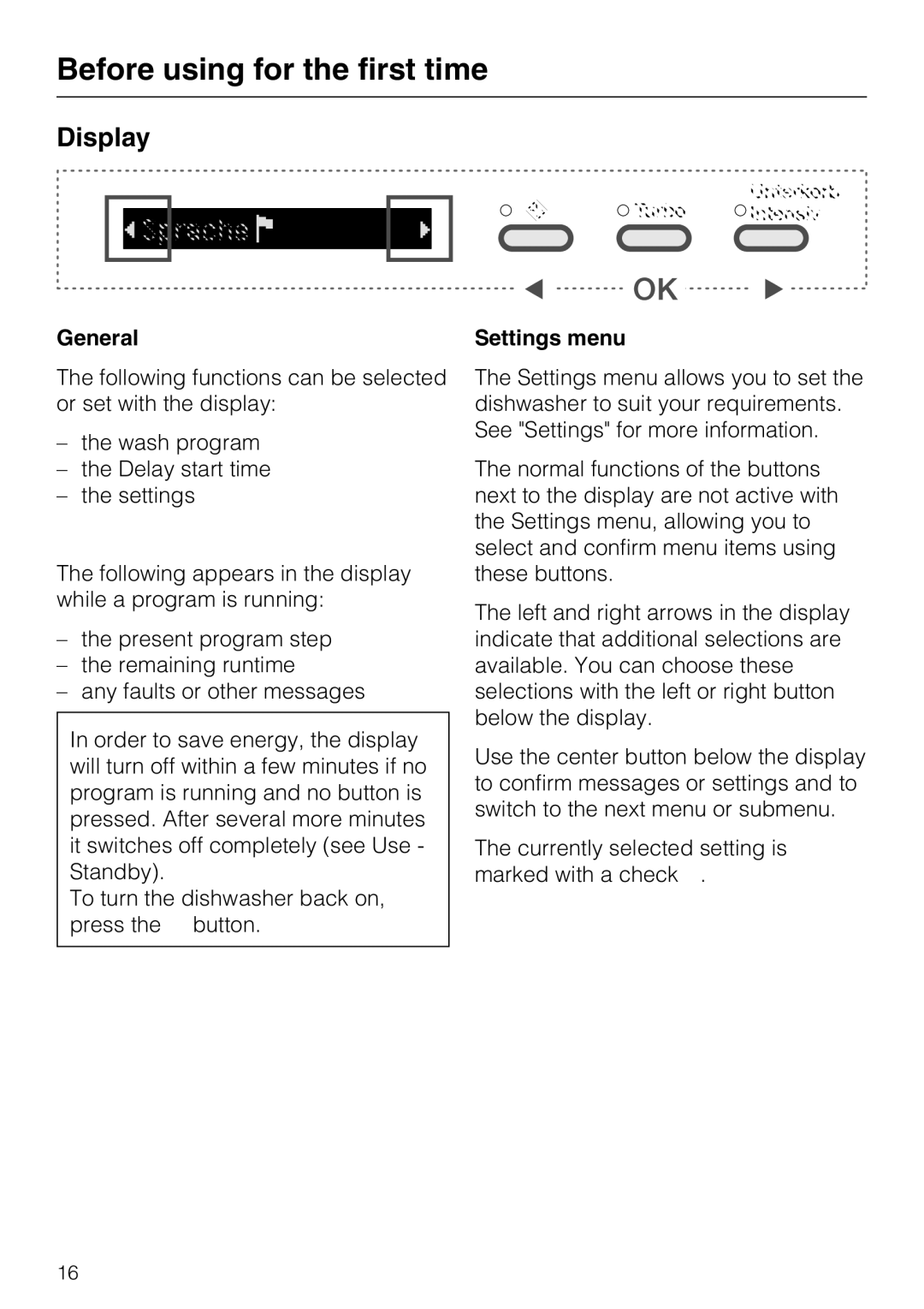 Miele PG 8083 SCVI manual Display, General, Settings menu 