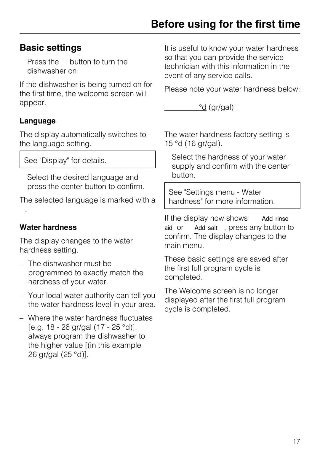 Miele PG 8083 SCVI manual Basic settings, Language, Water hardness 