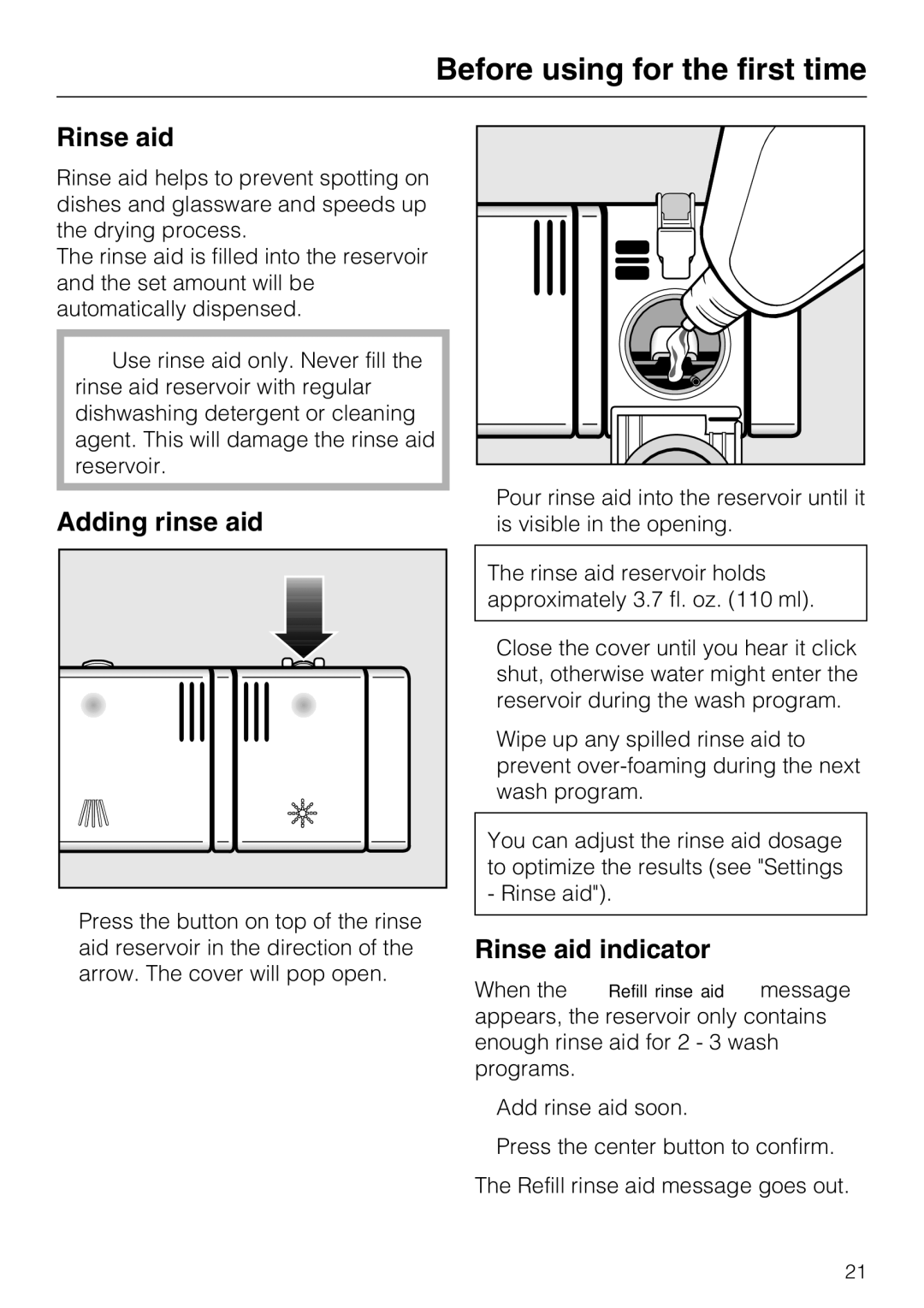 Miele PG 8083 SCVI manual Adding rinse aid, Rinse aid indicator 